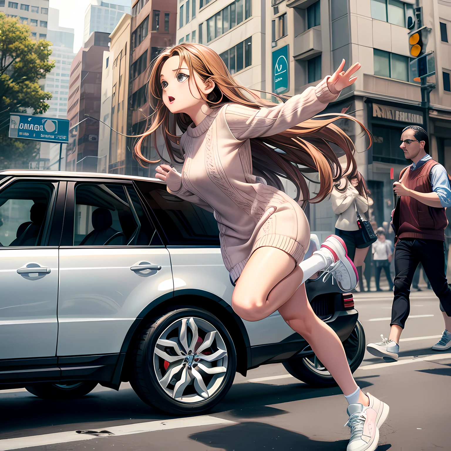 1 lady, hazel eyes, brown long hair , in a pastel knitted dress, white sneaker shoes, running in fear, hit range rover, accident