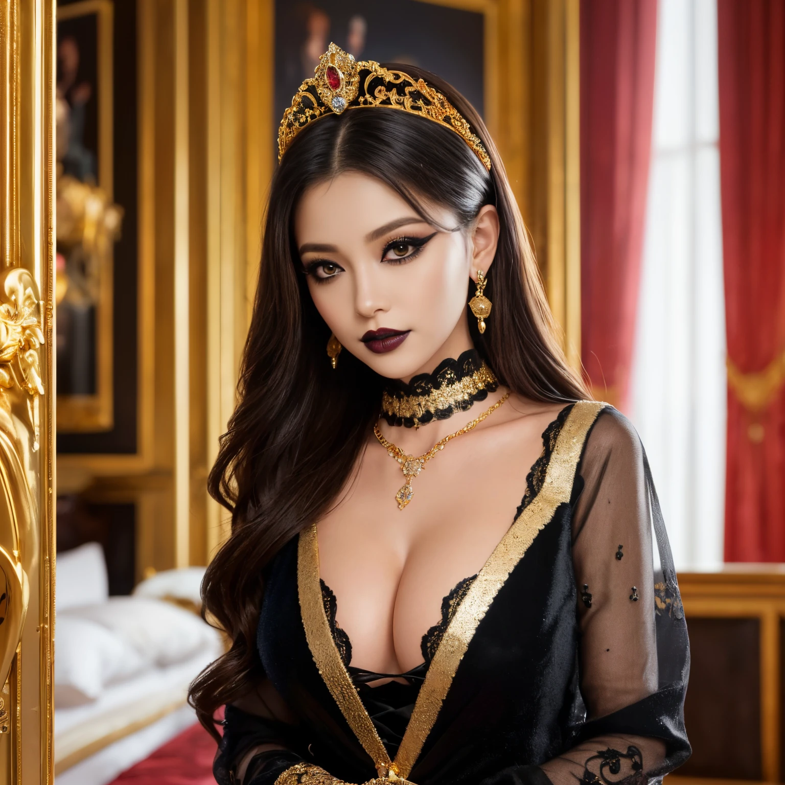 ((top-quality、masutepiece、8K、Top image quality、Hyper-Realism、The most complex and realistic textures))、(Focus on one demon princess;1.5)、((creepy and sexy makeup、eyeshadows、Black lips:1.2))、the most intricate and luxurious black dress、Look at me and smile、Photo from the waist up、Big breasts that are about to burst、perfect anatomia、The background is the most gorgeous princess&#39;room with at、(The most luxurious and sparkling princess room、A WORLD&#39;The most luxurious black and gold royal VIP room、The most luxurious black and gold room、black and gold royal VIP room:1.5)、Luxury bed、Huge bed、Complete interior of luxurious royal bedrooms、black dress decorated with jewels、black jewel dress、Luxury beyond imagination、Inside the Royal Palace、 Room decorated with many ornaments,、ornate decorations、The most gorgeous decoration、luxurious and intricate bed、Very complex and detailed background、perfect shiny decoration、marbled