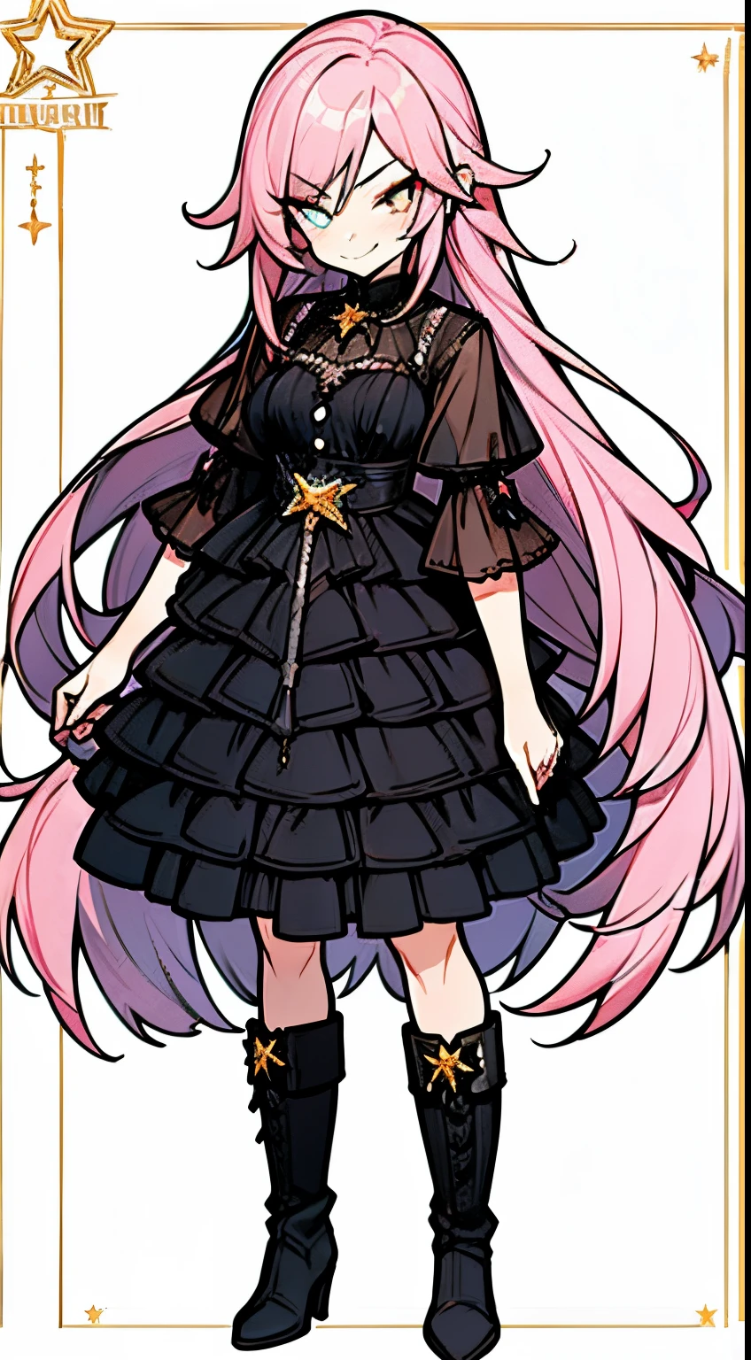 character sheet, Highly detailed and realistic CG, Colorful, Masterpiece, Best Quality, jewel-like eyes, 1girl, solo, pink hair, shiny hair, very long hair, slender, skinny legs, black frilled dress, layered skirt, luxury boots, amber eyes, star-shaped pupils, smirk, standing, contrapposto, tsurime,