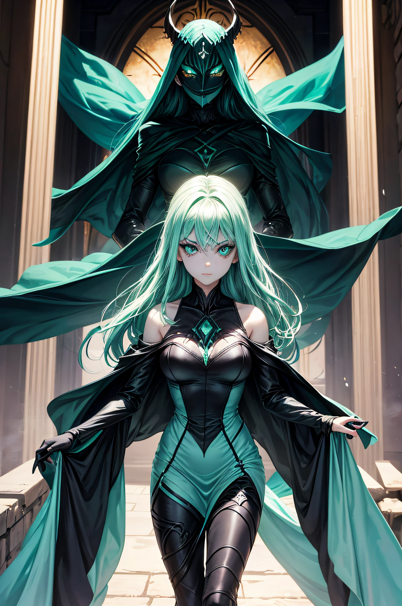 "Describe the facade of a woman who presents herself as malevolent but harbors hidden vulnerabilities. What lies beneath the mask of evil, and is redemption possible? big green eyes