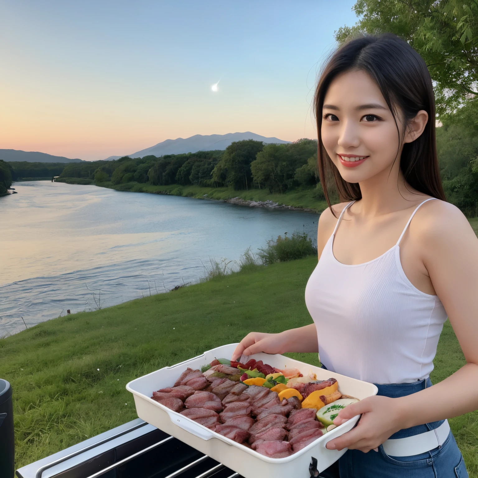 Cute like an idol、Cute and adorable、A 20-year-old girl with a young face、Smiling Kindly、((Naked with only an apron on))、(diagonal rear view)、((A little bit of her ass crack is visible through her apron))、Too much exposed skin、(whole body像)、whole bodyの姿、(((Cooking on a barbecue grill at a campsite during the day)))、Cleavage、(whole body像)、whole body、Accurate、Anatomically correct、Textured skin、Super detailed、 Attention to detail、Highest quality、High resolution、Genuine、realism、RAW Photos、Genuine、masterpiece