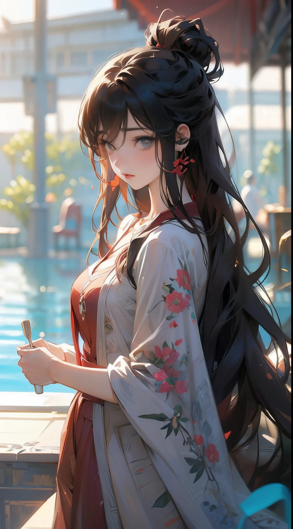 Anime style, young swert adult women drinking tea in club pool, ethinik random, wears random, hair random,