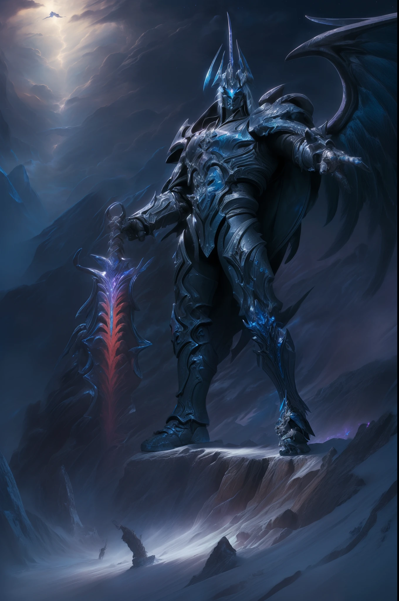 The content is very detailed, high high quality, tmasterpiece, The beautiful, Yatoks, A pair of wings, glowing light eyes, 1 boy, Alone, Full body lesbian ,huge detailed sword, Detail armor , lich king, arthas,Monte, sky sky,,natta