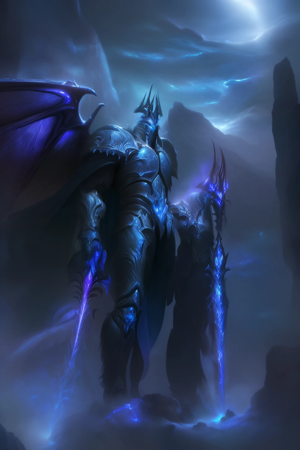 The is very detailed, high qulity, tmasterpiece, The beautiful, Yatoks, wings, glowing light eyes,  1boys, Alone, full bodyesbian  ,Huge sword, blue armor , lich king, arthas,mont, Skysky,,the night