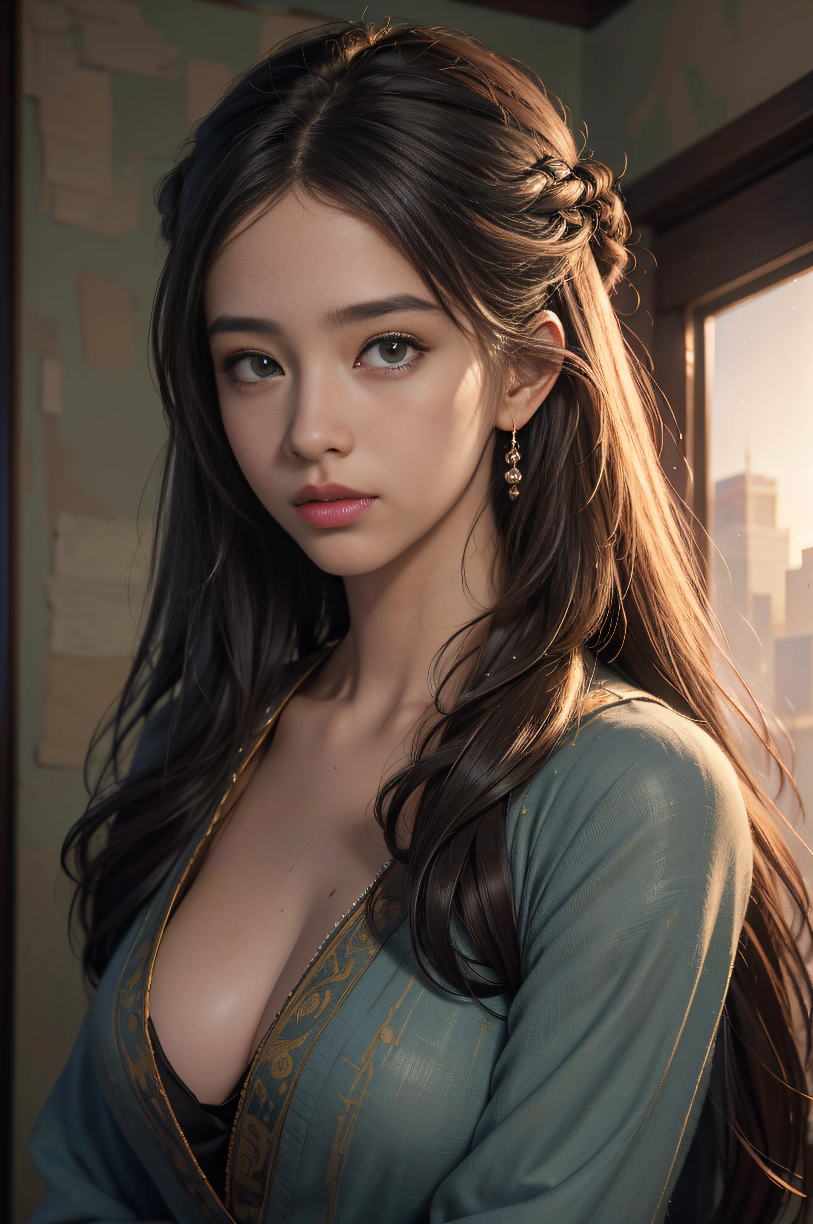 (RAW photo, best quality), (realistic, photo-realistic:1.3),best quality,highly detailed,masterpiece,ultra-detailed,illustration,1girl,upper_body,dynamic angle,world masterpiece theater,messy_long_hair,best quality,extremely detailed CG unity 8k wallpaper,ink,Amazing,cinematic lighting,lens_flare,,dunhuang_style