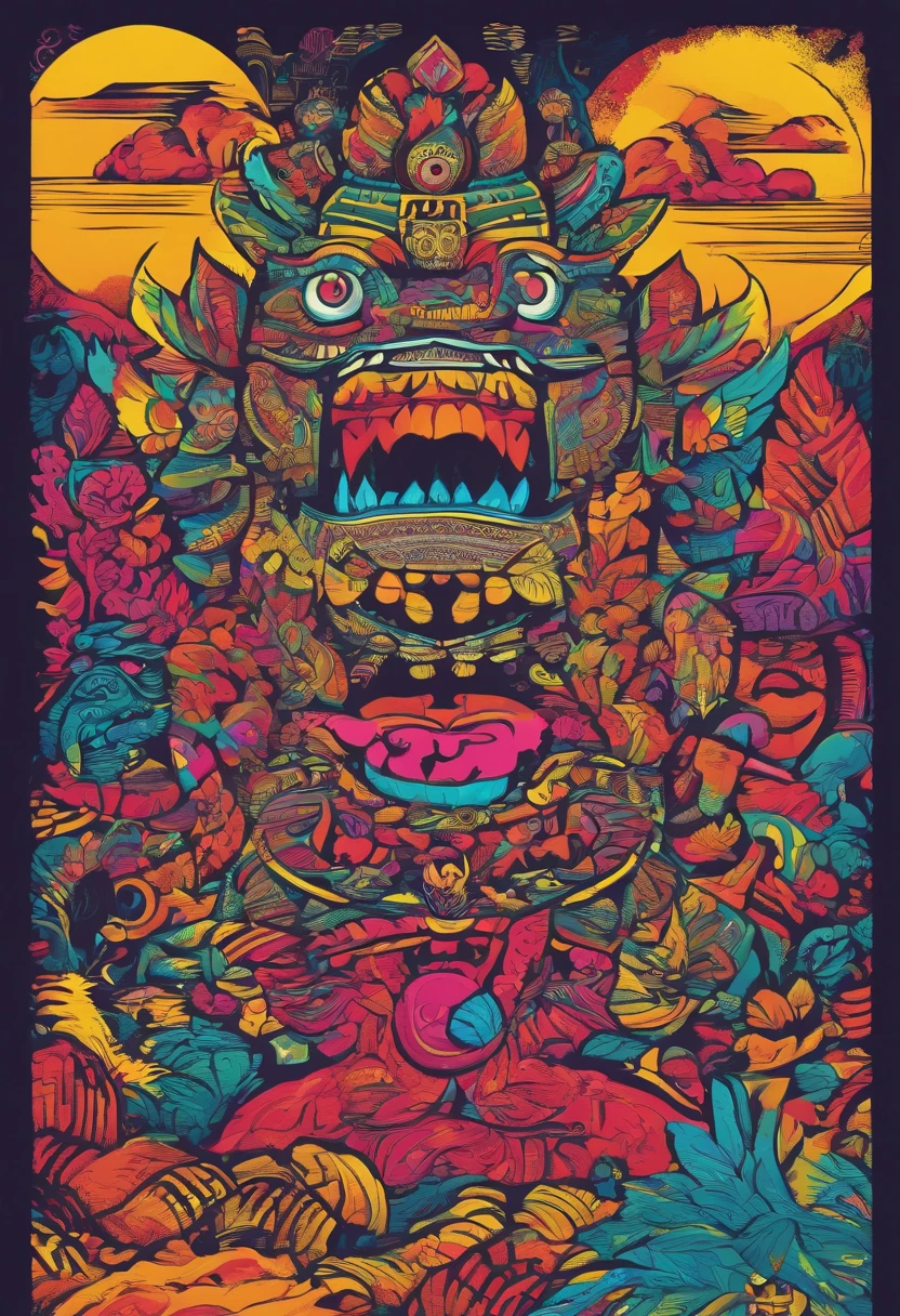 Indonesian's Monster and culture with high-resolution texture and details, poster, streat wear design, 1990 vibe, HD texture, Javanese Culture, Bali's Culture, REPAIR BODY,high-resolution texture and details