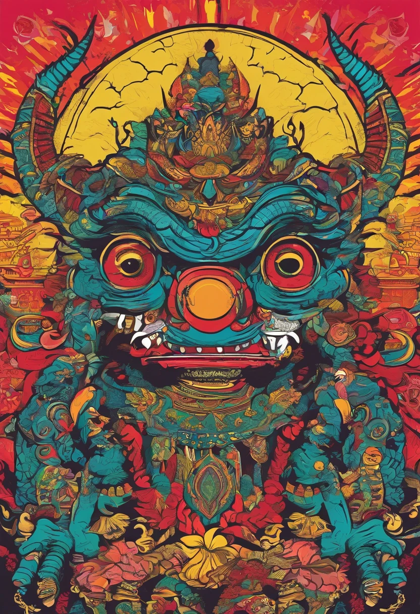 Indonesian's Monster and culture with high-resolution texture and details, poster, streat wear design, 1990 vibe, HD texture, Javanese Culture, Bali's Culture, REPAIR BODY,high-resolution texture and details