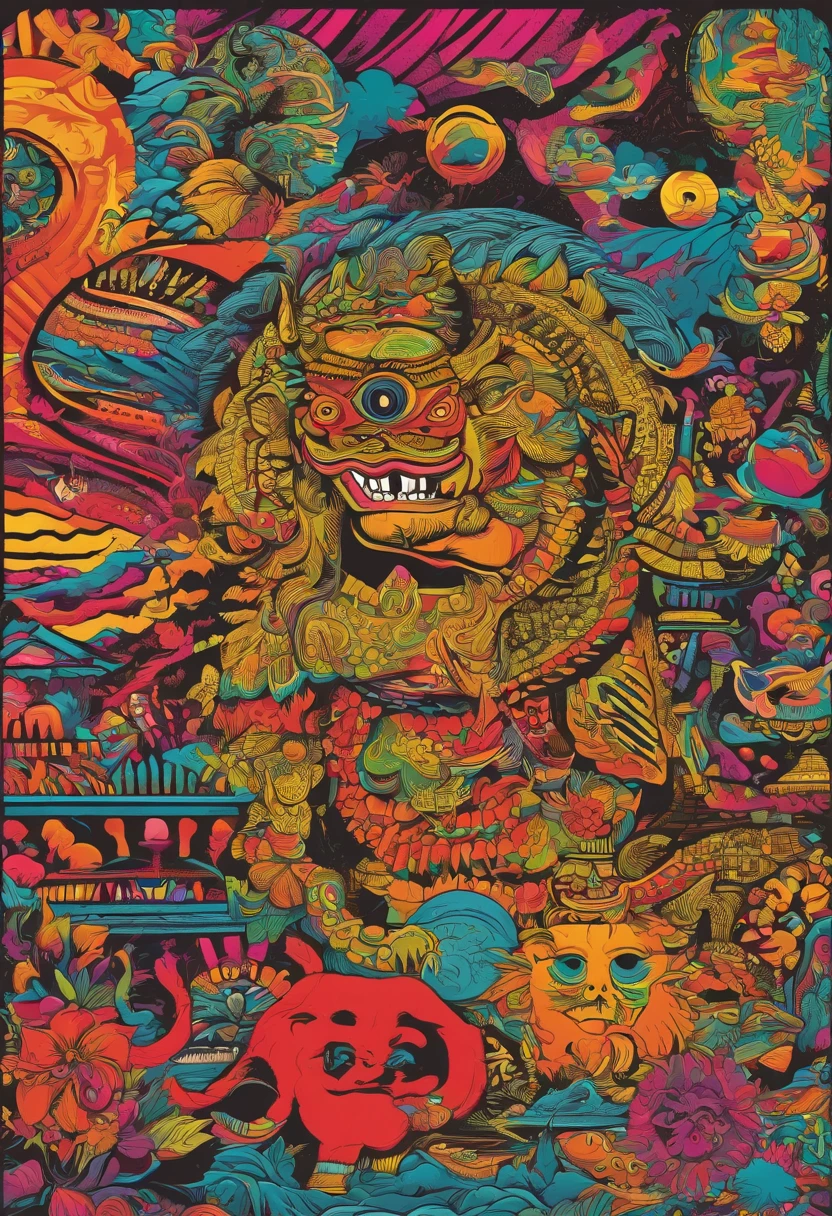 Indonesian's Monster and culture with high-resolution texture and details, poster, streat wear design, 1990 vibe, HD texture, Javanese Culture, Bali's Culture, REPAIR BODY,high-resolution texture and details