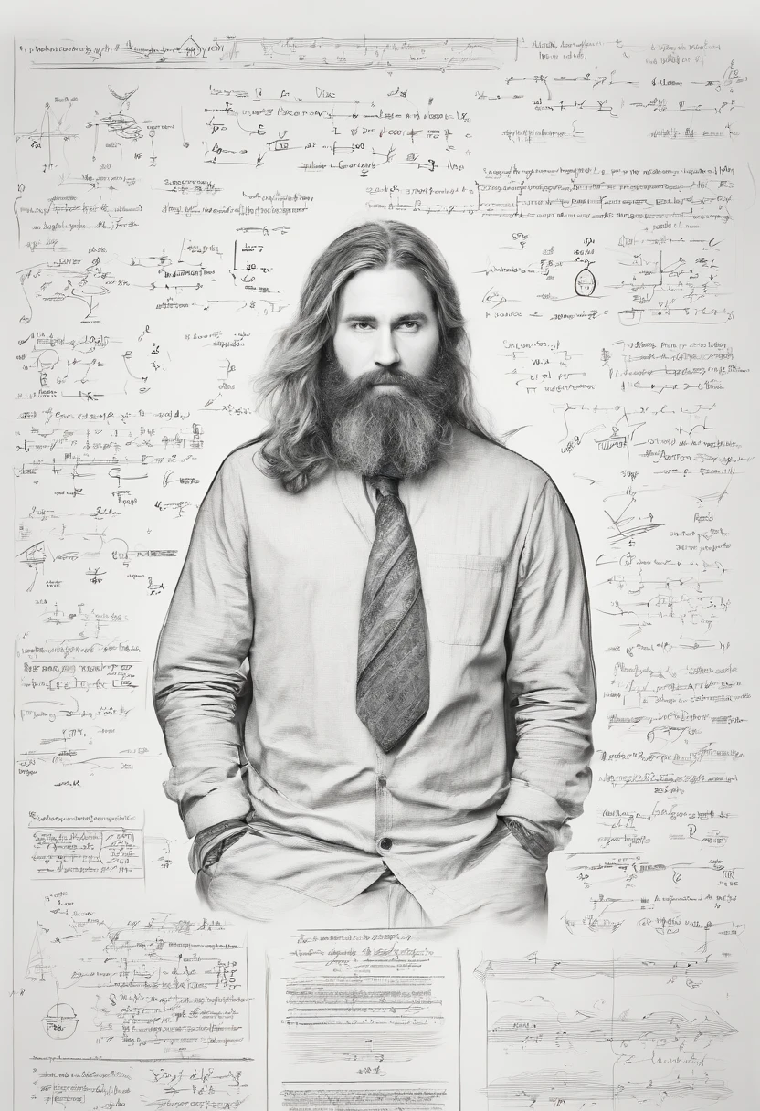 A photo of a whiteboard covered in complex mathematical equations and symbols, with lines and arrows connecting different parts of the equations.,original,Waifish, dirty, long hair, long beard, dressed in dirty ill-fitting clothes