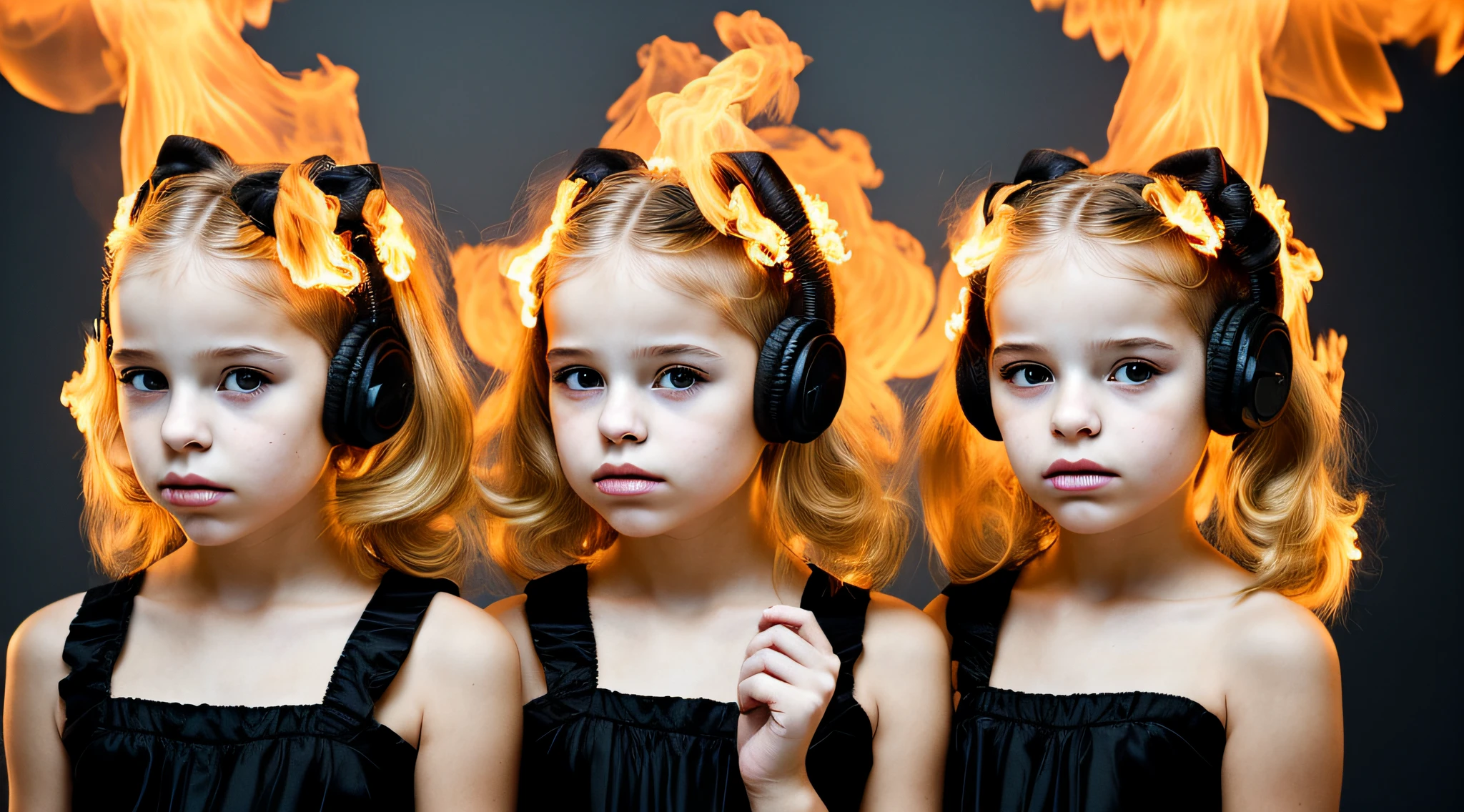 two BLONDE girls with bows on their heads and one wearing a BLACK dress, HEADPHONES FIRE AND FIRE. smoke billowing, gemini twins portrait, faixa de cabelo AMARELO,