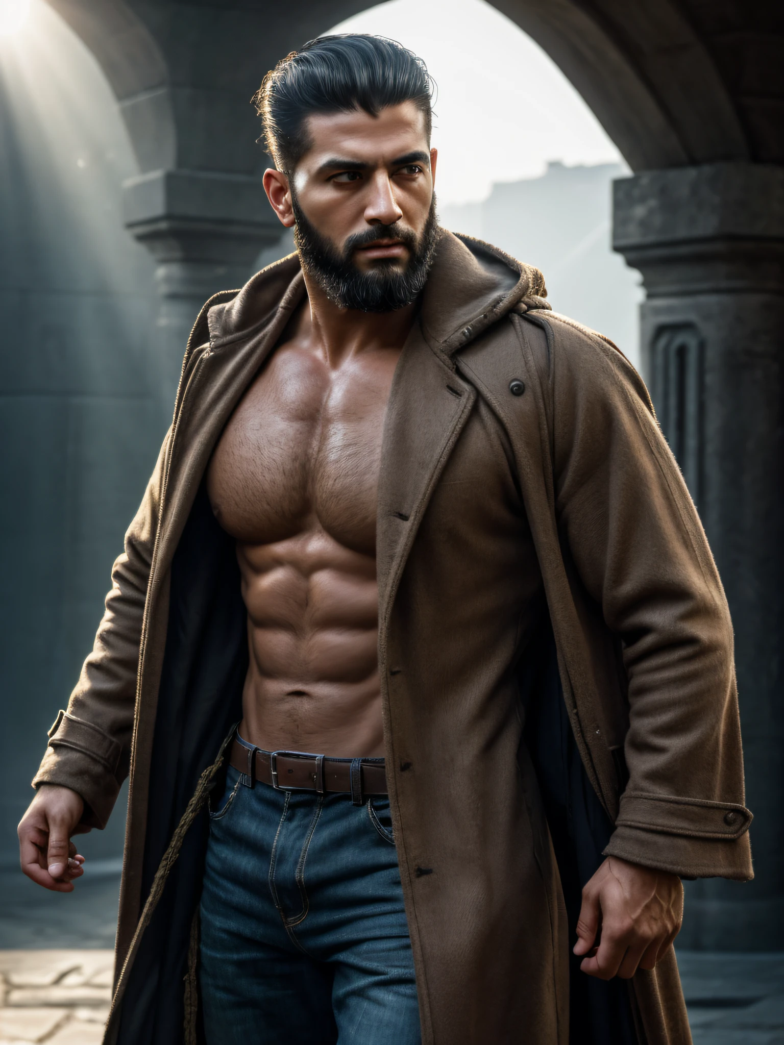 (realistic), (photorealistic), ((masterpiece)), ((best quality)), (detailed), cinematic, natural lighting, soft shadow, detailed background, photography, depth of field, intricate, detailed face, subsurface scattering, realistic eyes, muscular, manly, photo of a handsome (middle eastern man), hydr04rmor, wearing hydropunk coat, dynamic movement, dynamic pose, glowing, tube, cable, beard,