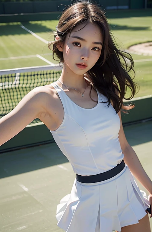 Best Quality, masutepiece, High resolution, (Photorealistic:1.4), Raw photo, 1 beautiful girl ,Dynamic Angle,Female　Tennis player,Skirt ,small head, Glowing skin, Sweat,At the tennis venue,(Detailed beautiful face:1.4),detailed skins,Detailed eyes,detailed hairs,Cool,Beautiful,nice legs,