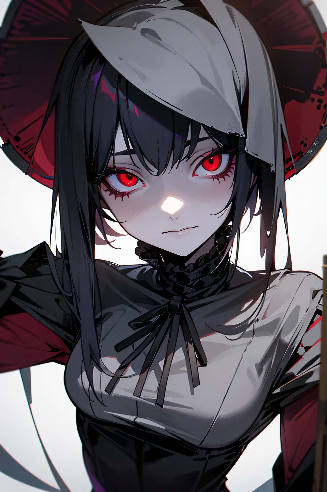 "Describe the facade of a woman who presents herself as malevolent but harbors hidden vulnerabilities. What lies beneath the mask of evil, and is redemption possible? big red eyes
