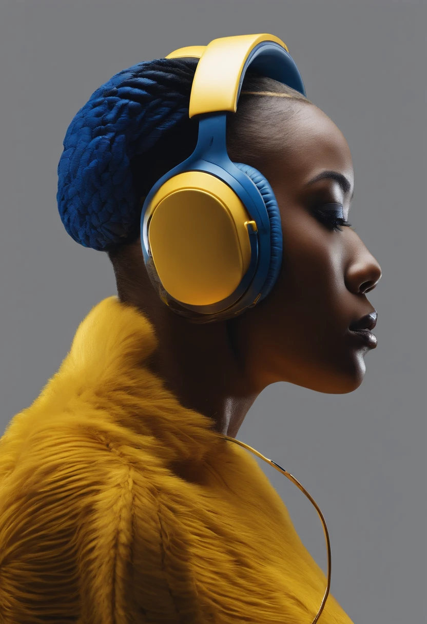 side profile of a figure with a vibrant yellow head, full body photo, adorned with sleek, over-ear headphones against a deep blue backdrop, posing in studio photography, UHD