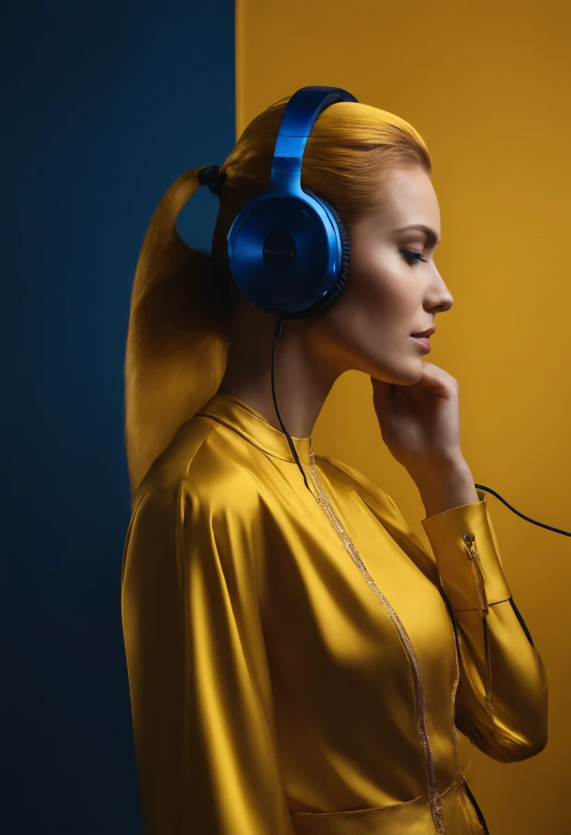side profile of a figure with a vibrant yellow head, full body photo, adorned with sleek, over-ear headphones against a deep blue backdrop, posing in studio photography, UHD