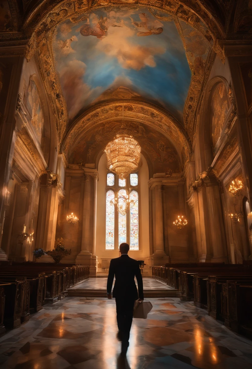 In a grand church reminiscent of the Renaissance era, featuring marbled floors and intricate frescoes, a jet pilot in a classic uniform is captured mid-run, one arm extended. Behind him, a cloud of blue, pink, and orange smoke rises, adding a dynamic element to the scene. The foreground is dappled with soft bokeh from nearby chandeliers, creating a dreamlike atmosphere. The pilot's suit is adorned with splashes of vibrant paint, mirroring the colors of the frescoes in the background. The photograph is taken with professional quality and is highly photorealistic