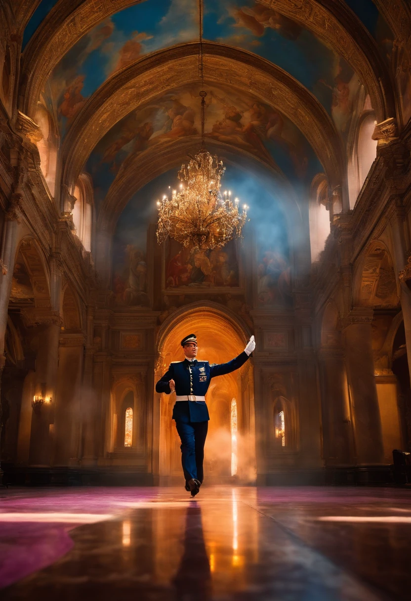 In a grand church reminiscent of the Renaissance era, featuring marbled floors and intricate frescoes, a jet pilot in a classic uniform is captured mid-run, one arm extended. Behind him, a cloud of blue, pink, and orange smoke rises, adding a dynamic element to the scene. The foreground is dappled with soft bokeh from nearby chandeliers, creating a dreamlike atmosphere. The pilot's suit is adorned with splashes of vibrant paint, mirroring the colors of the frescoes in the background. The photograph is taken with professional quality and is highly photorealistic