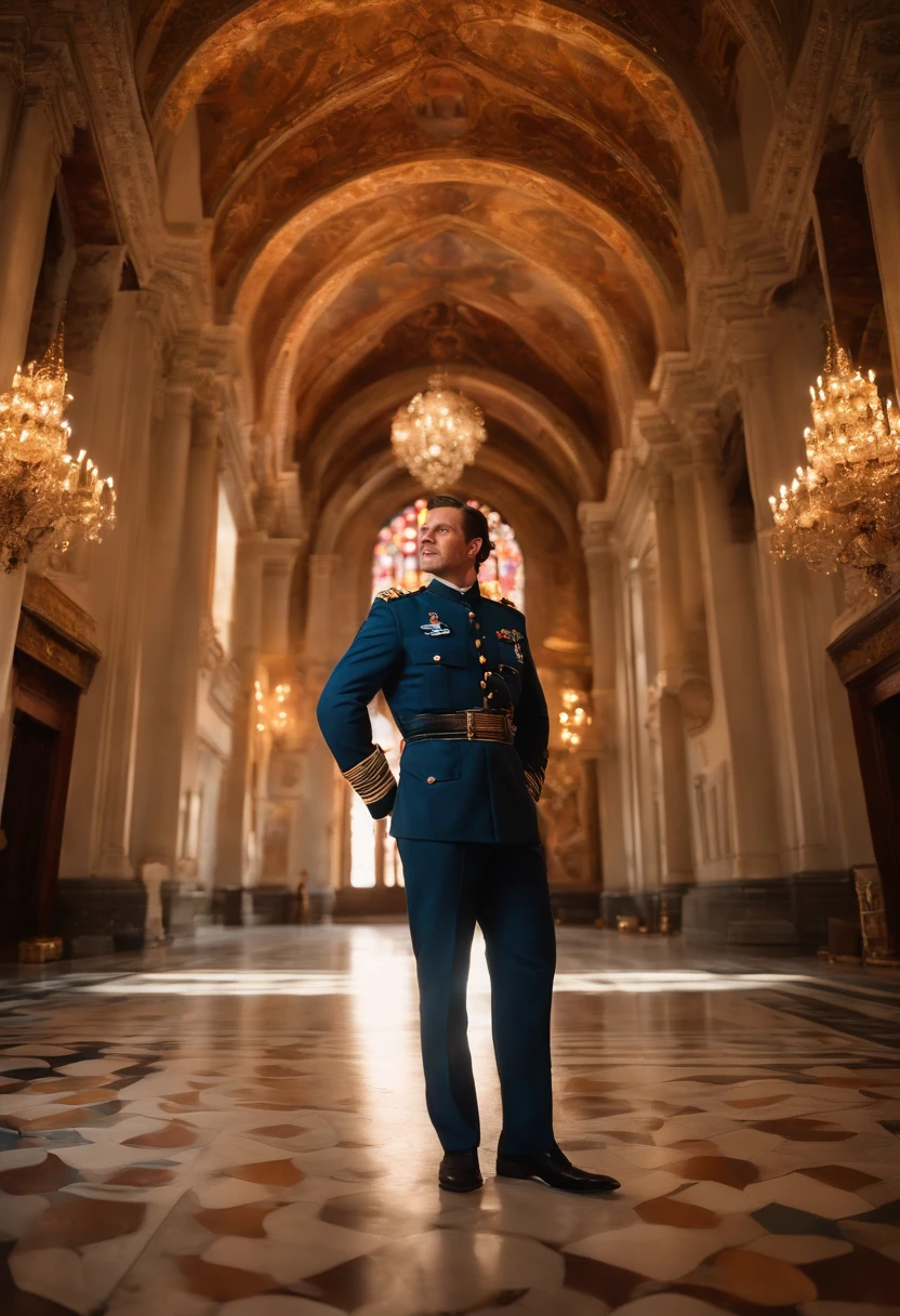 In a grand church reminiscent of the Renaissance era, featuring marbled floors and intricate frescoes, a jet pilot in a classic uniform is captured mid-run, one arm extended. Behind him, a cloud of blue, pink, and orange smoke rises, adding a dynamic element to the scene. The foreground is dappled with soft bokeh from nearby chandeliers, creating a dreamlike atmosphere. The pilot's suit is adorned with splashes of vibrant paint, mirroring the colors of the frescoes in the background. The photograph is taken with professional quality and is highly photorealistic