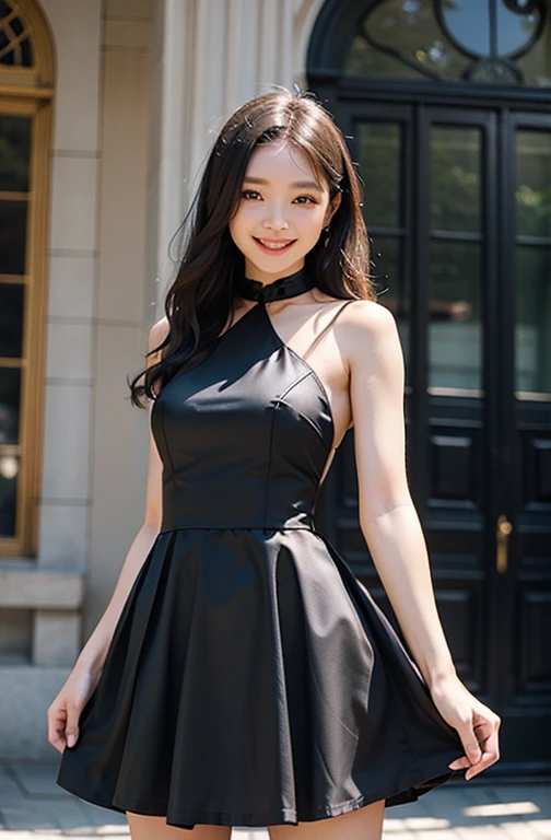 Smiling woman in black dress posing for photo