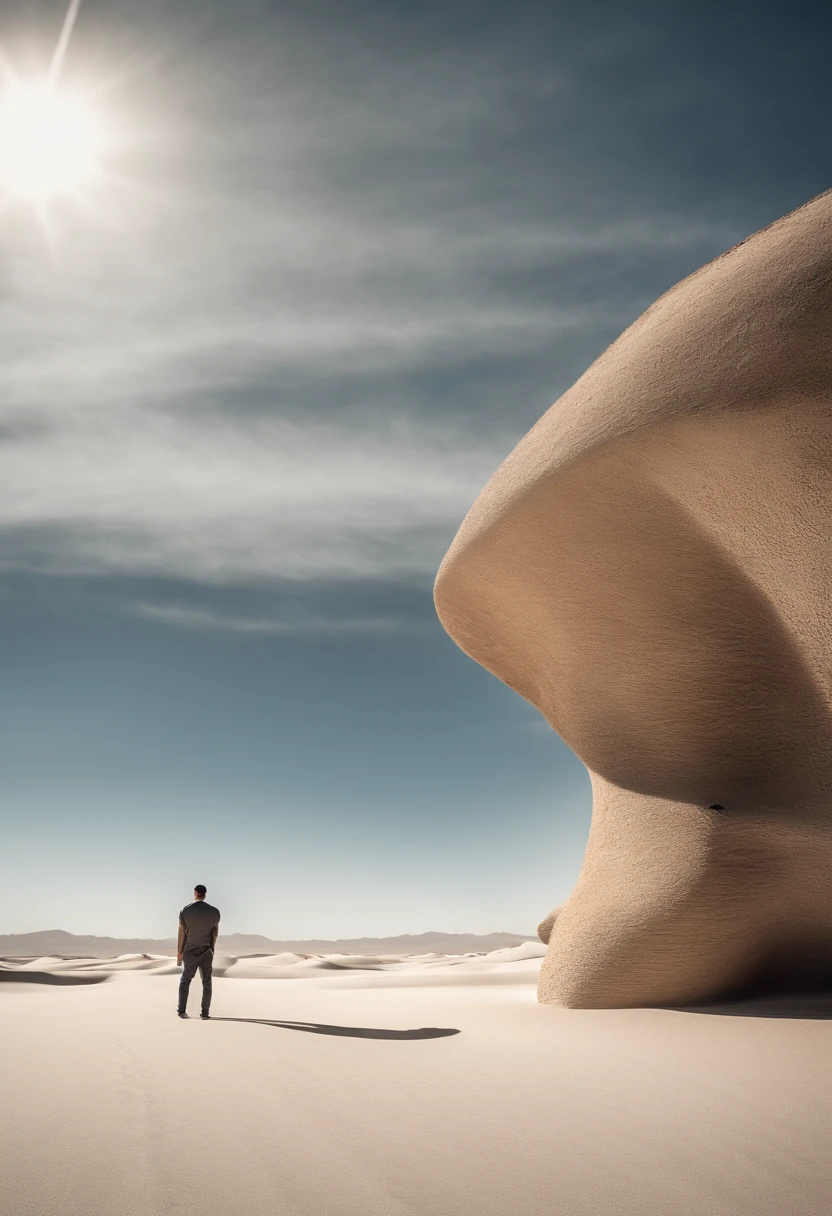 Photorealistic image of a man standing in a desert, with a blue sky and bright white sands. The style captures the essence of fragmented bodies and chrome reflections, creating a sense of 8k high-resolution visions. The composition merges photorealism with geometric elements, illustrating a juxtaposed dream-like scenario where man and nature blend seamlessly. The man's reflection and the surrounding environment should have a high level of detail, showcasing the surrealism of the scene