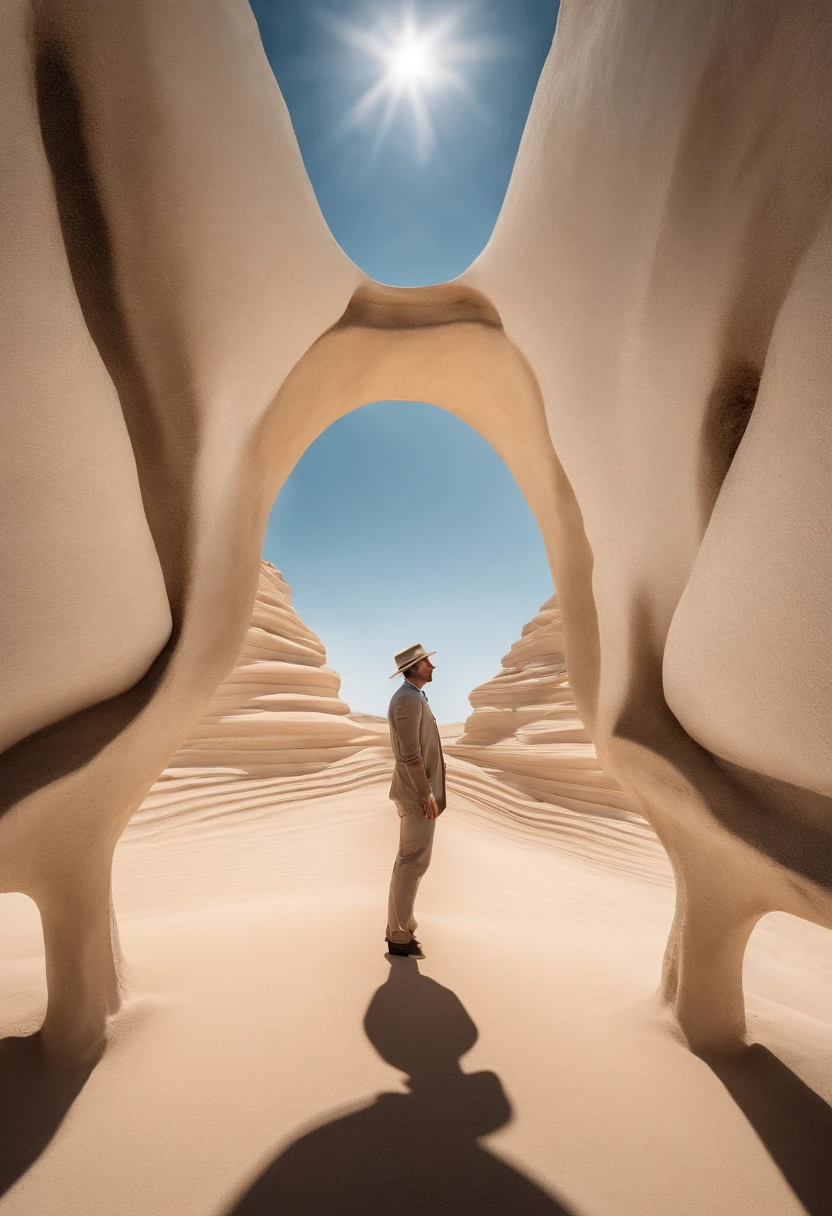 Photorealistic image of a man standing in a desert, with a blue sky and bright white sands. The style captures the essence of fragmented bodies and chrome reflections, creating a sense of 8k high-resolution visions. The composition merges photorealism with geometric elements, illustrating a juxtaposed dream-like scenario where man and nature blend seamlessly. The man's reflection and the surrounding environment should have a high level of detail, showcasing the surrealism of the scene