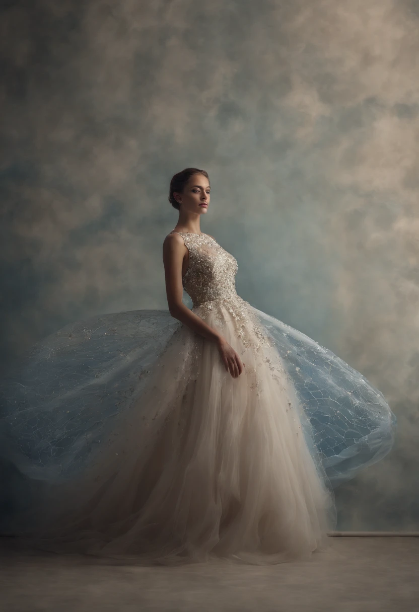 In realms where dreams and wonder sing, Diverse beauties clad in insect couture fling. Otherworldly grace in every stance, Gowns of ombré glass, a fantastical dance. Back wings vast, delicate in design, Crafted from the curves of Mandelbrot so fine. Selective hues in 3D cast, illusory wallpaper, timeless and vast, blue and white, professional photography, photorealistic, surreal realism, beauty, 4k