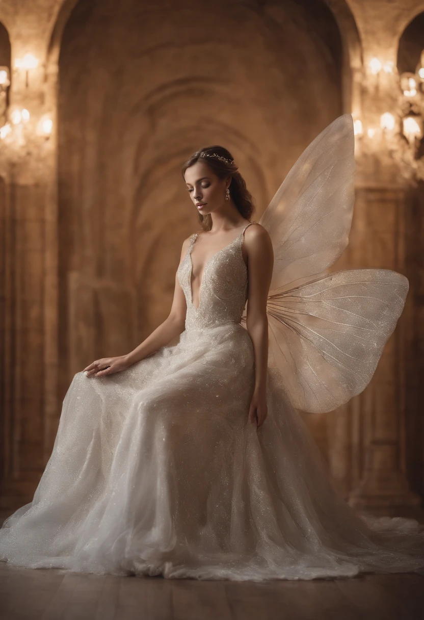 In realms where dreams and wonder sing, Diverse beauties clad in insect couture fling. Otherworldly grace in every stance, Gowns of ombré glass, a fantastical dance. Back wings vast, delicate in design, Crafted from the curves of Mandelbrot so fine. Selective hues in 3D cast, illusory wallpaper, timeless and vast, blue and white, professional photography, photorealistic, surreal realism, beauty, 4k