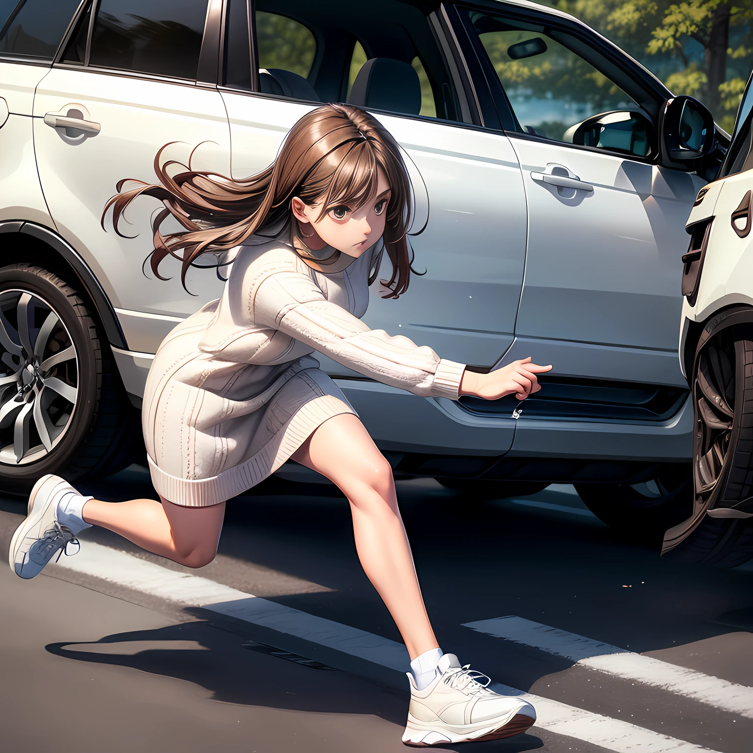 1 lady, brown eyes, brown long hair , in a ivory knitted dress, white sneaker shoes, running in fear, hit range rover, accident, black night with no people, side view