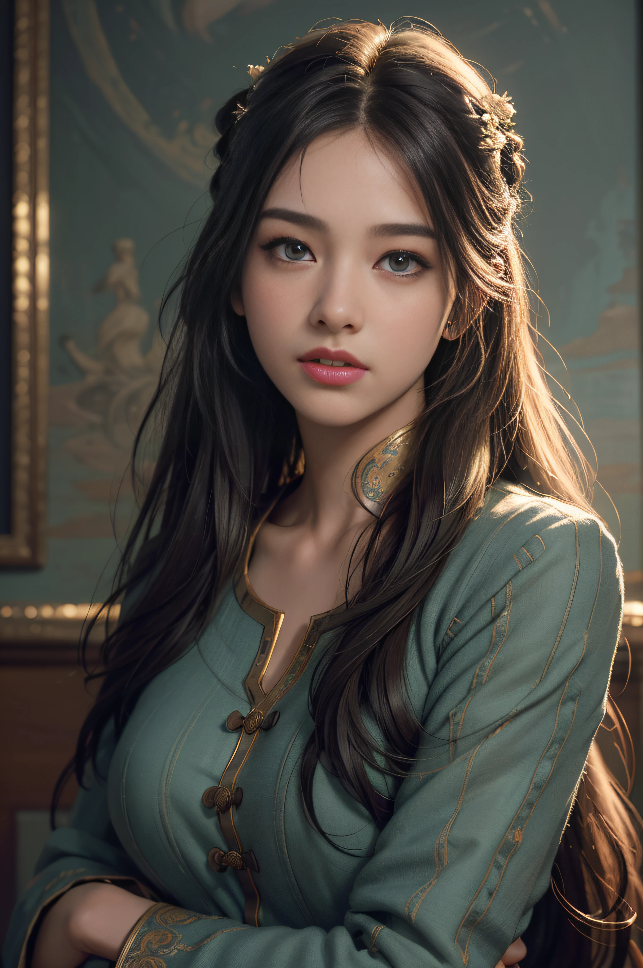 (RAW photo, best quality), (realistic, photo-realistic:1.3),best quality,highly detailed,masterpiece,ultra-detailed,illustration,1girl,upper_body,dynamic angle,world masterpiece theater,messy_long_hair,best quality,extremely detailed CG unity 8k wallpaper,ink,Amazing,cinematic lighting,lens_flare,,dunhuang_style