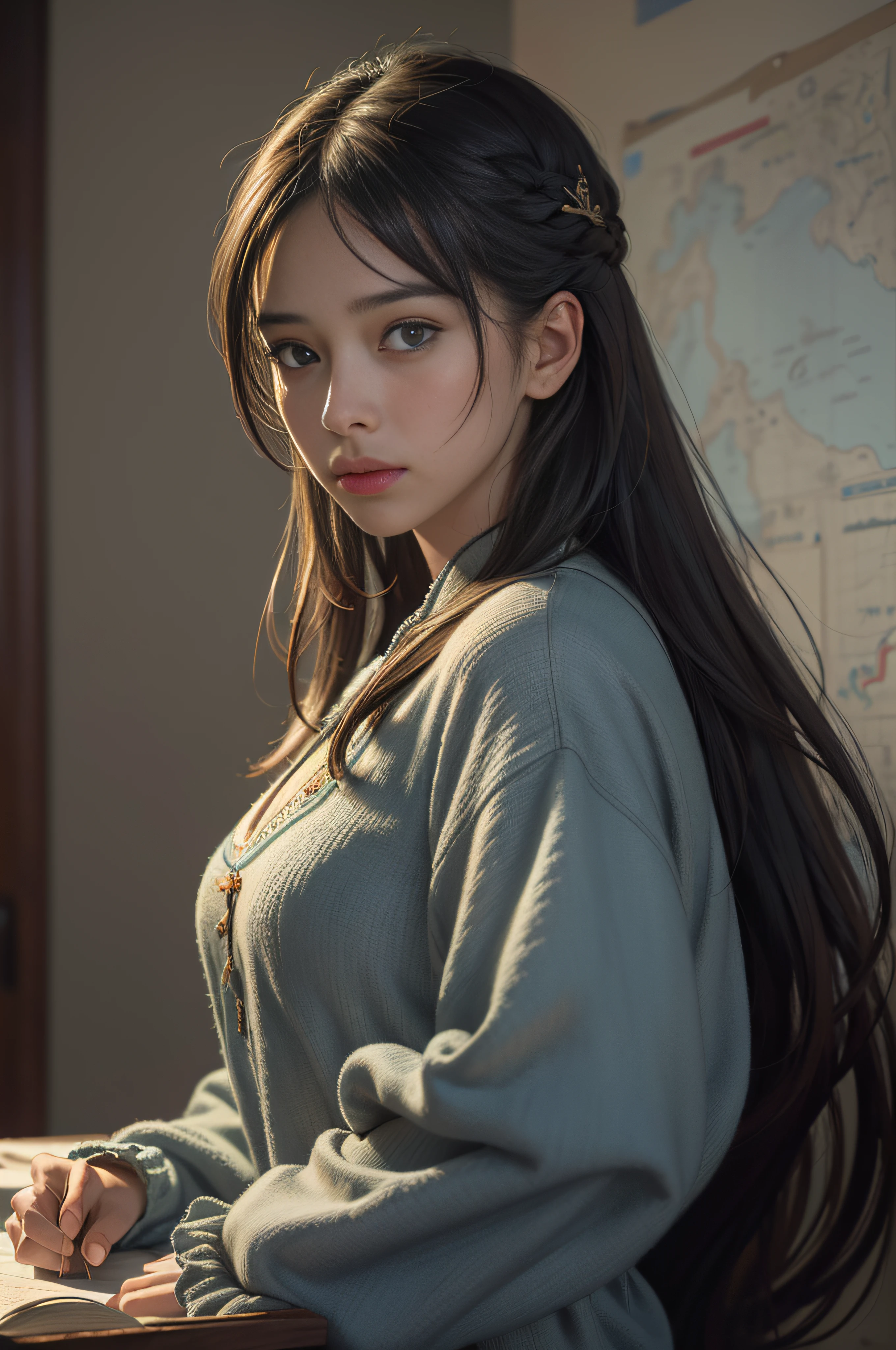 (RAW photo, best quality), (realistic, photo-realistic:1.3),best quality,highly detailed,masterpiece,ultra-detailed,illustration,1girl,upper_body,dynamic angle,world masterpiece theater,messy_long_hair,best quality,extremely detailed CG unity 8k wallpaper,ink,Amazing,cinematic lighting,lens_flare,,dunhuang_style