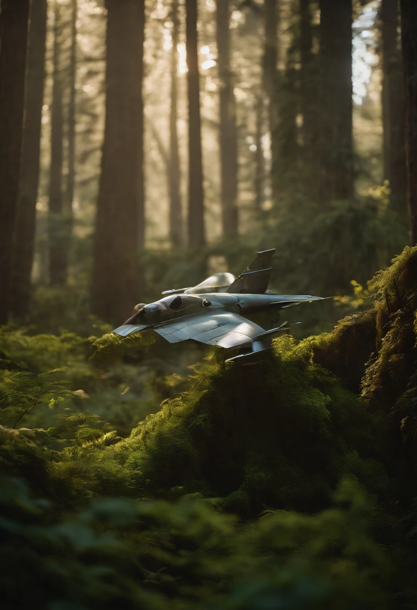 In a dense, ethereal forest, jet fighter pilots dance around ancient trees, their metallic bodies reflecting the green canopy. The jet fighter pilot stands on a bed of moss, the white suit stark against the verdant surroundings. other pilots watching, The smoke rises, its colors blending with the natural hues of the forest. As sunlight filters through the trees, it creates a bokeh effect, highlighting paint splashes that resemble fallen leaves, UHD