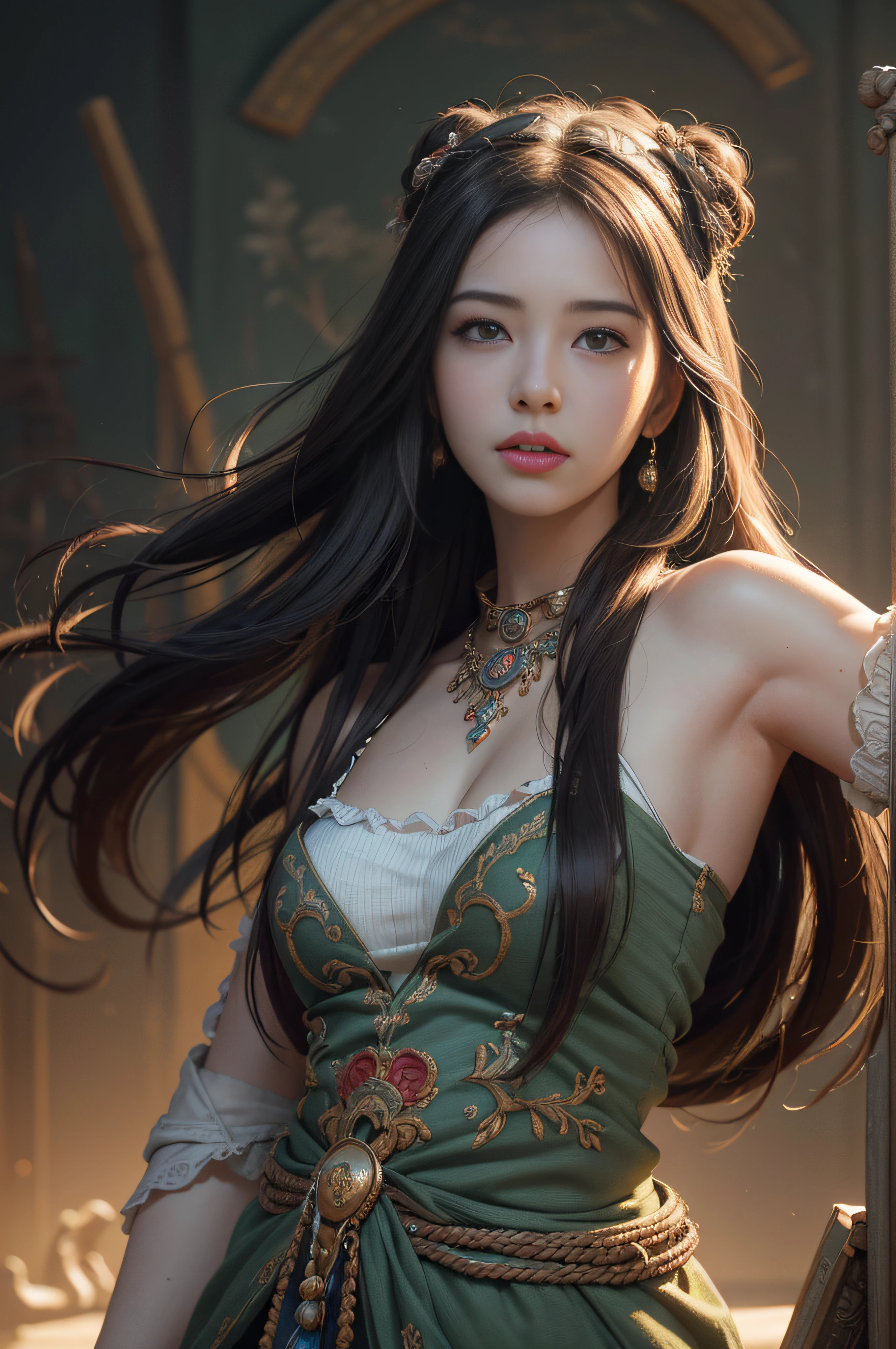 (RAW photo, best quality), (realistic, photo-realistic:1.3),best quality,highly detailed,masterpiece,ultra-detailed,illustration,1girl,upper_body,dynamic angle,world masterpiece theater,messy_long_hair,best quality,extremely detailed CG unity 8k wallpaper,ink,Amazing,cinematic lighting,lens_flare,,dunhuang_style