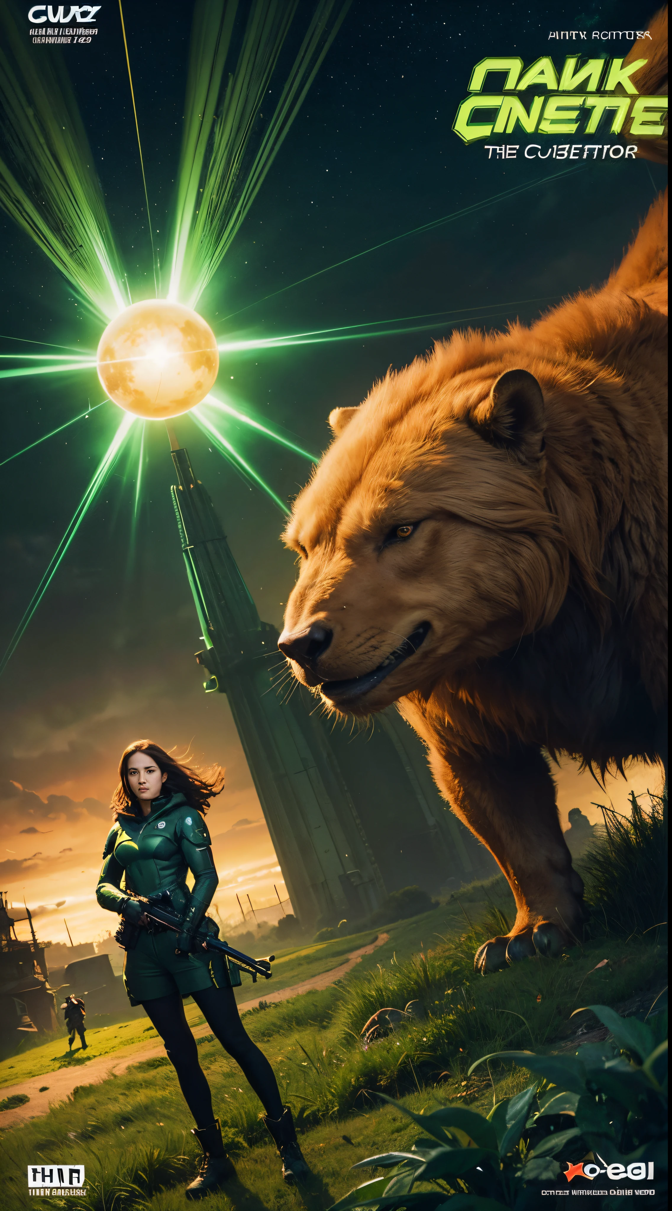 the cover for dgx's creature crusader, featuring a teenage woman standing against a large animal, in the style of martin ansin, dark orange and green, jake wood-evans, meredith marsone, digitally enhanced, blink-and-you-miss-it detail, infinity nets