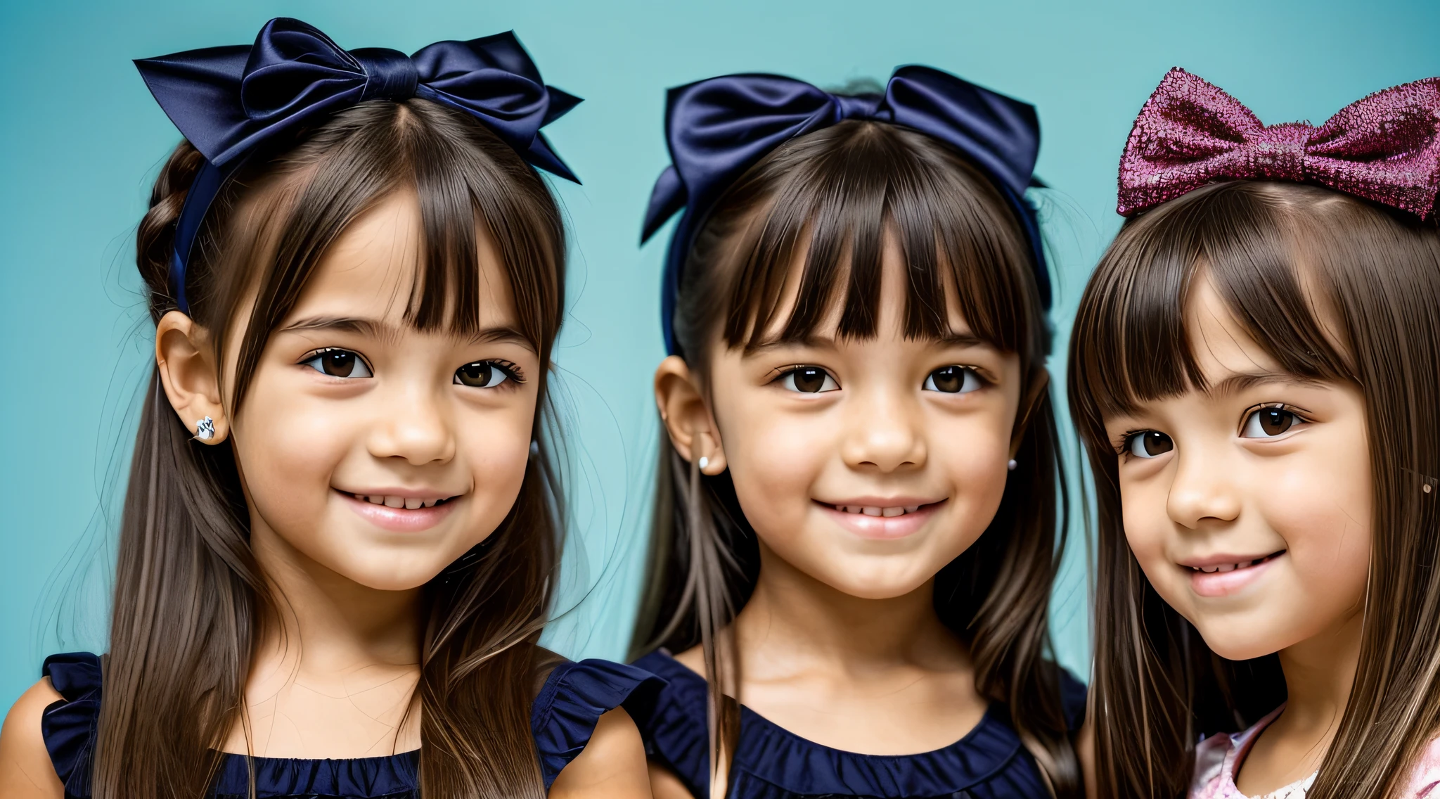 two girls with bows on their heads and one wearing a BLACK AND CROSSES dress, beautiful gemini twins portrait, beautiful gemini twins, foto de retrato em close-up, childrens, s fofas, childrens, Looks doces, Beautiful girls, Gorgeous features, dois penteados pigtails, Retrato CloseUp, twins, Duas meninaotada, lindo bonito, faixa de cabelo AMARELO,