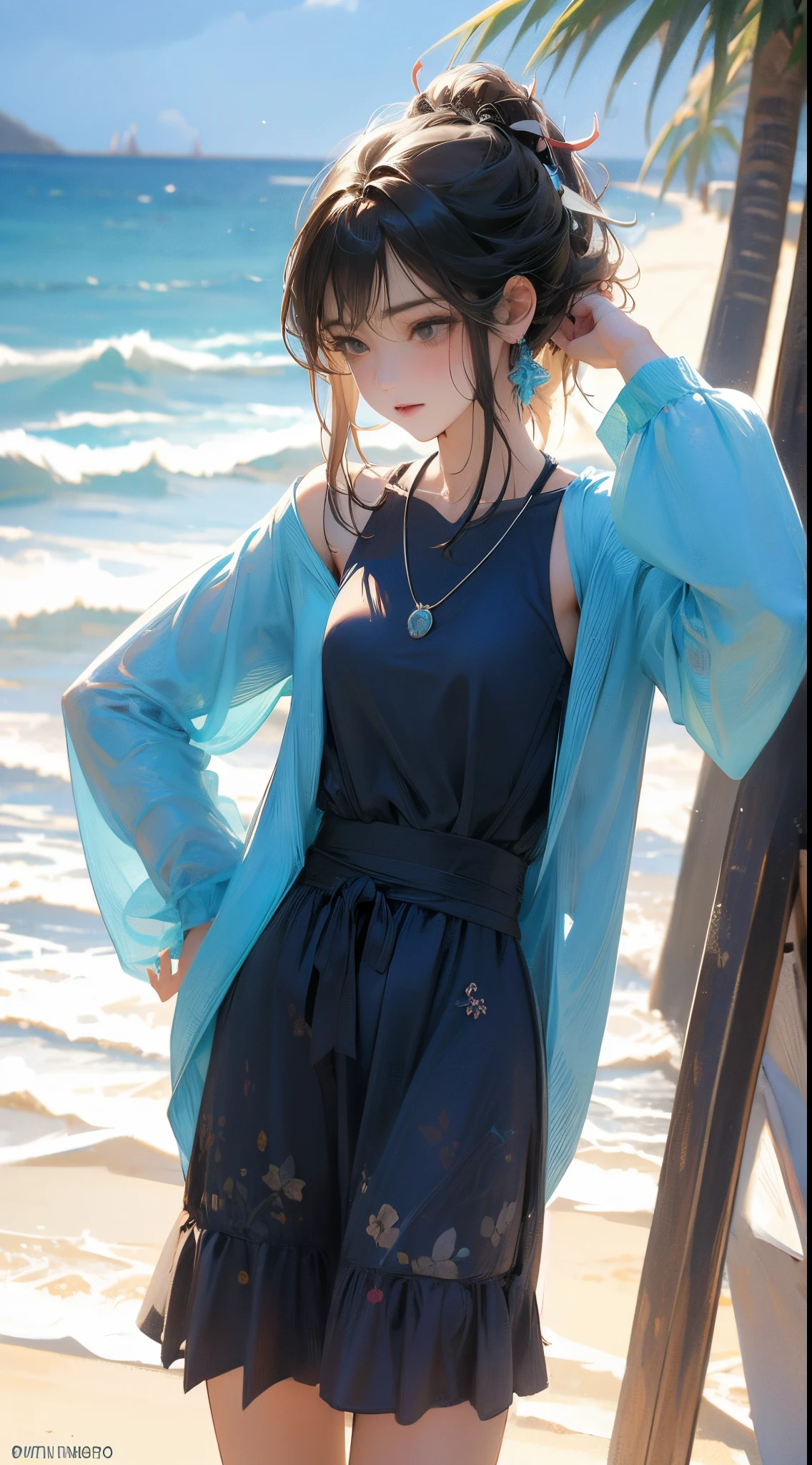 estilo anime, jovens mulheres adultas swert bebendo water na beach, random ethinic, usa beach wear aleatoriamente, random hair,