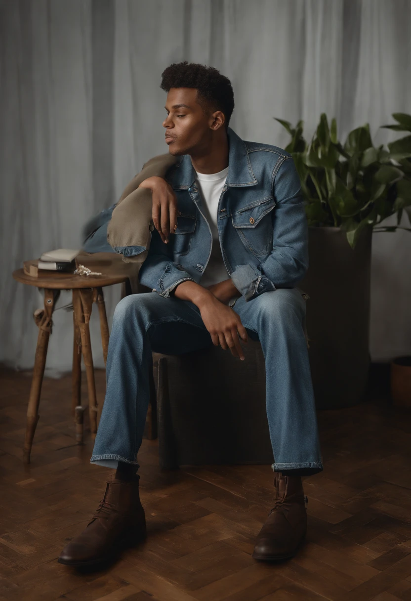 photo of a stylish male model wearing a large, oversized baggy denim costume, sitting down casually. The setting is a professional high fashion photography studio, emphasizing the unique fashion sense and the denim's texture. The image should be photorealistic and detailed, capturing the essence of contemporary high fashion. The model is relaxed, yet confident, perfectly embodying the avant-garde nature of the outfit