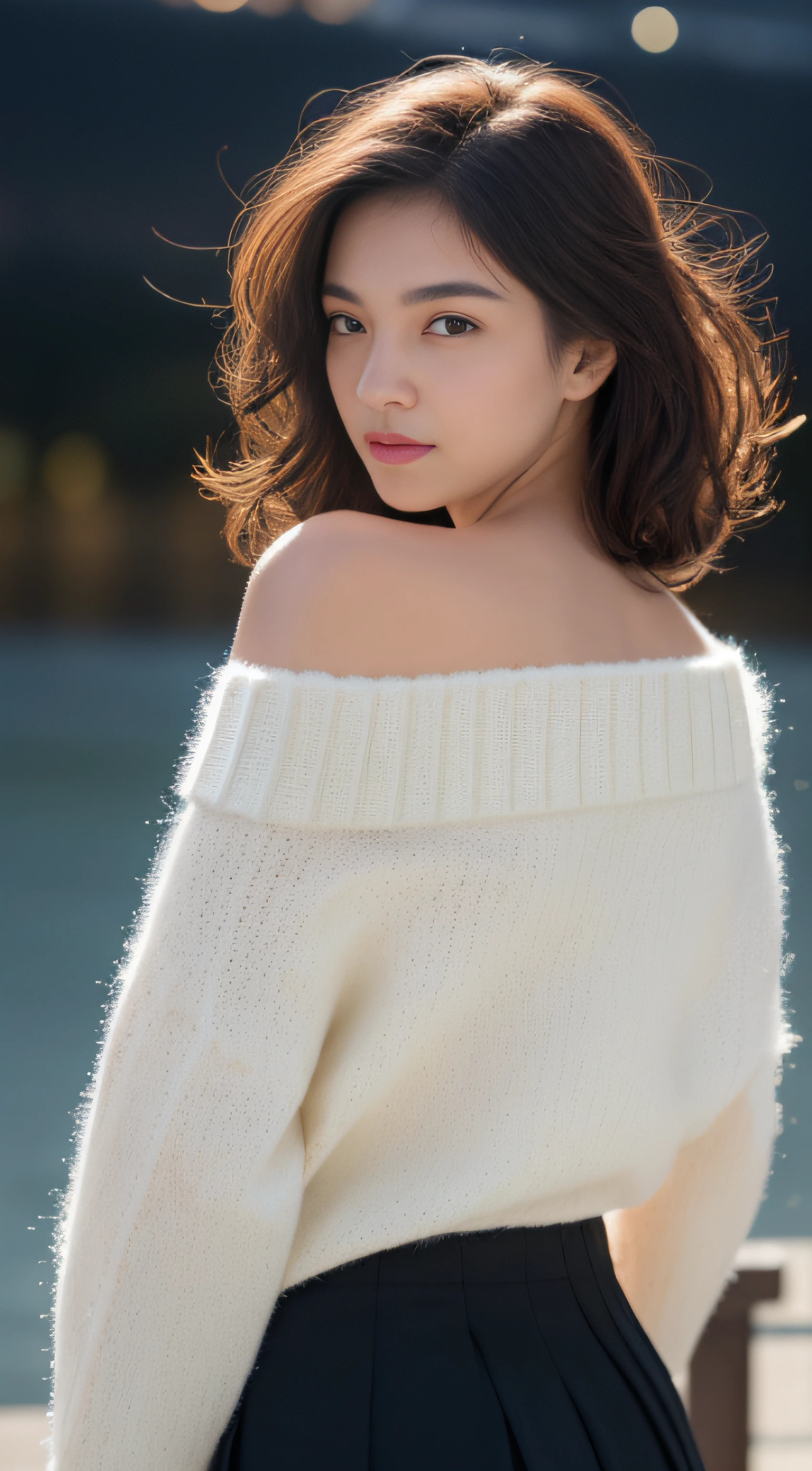 ((Looking back)), (((full bodyesbian))), ((Realistic)), ((From behind, From below)), ((off-the-shoulder clothes)), Beautiful young girl, Beautiful Korean model, cabellos largos dorados, curlies, By bangs, (slender leg), (cold light, the night, starrysky), (at winter season, nevando). ((White sweater, Short black skirt), Detailed scenes, the detail,Hyper-detailed, (correct hand), (anatomy correct), (best qualtiy,tmasterpiece)