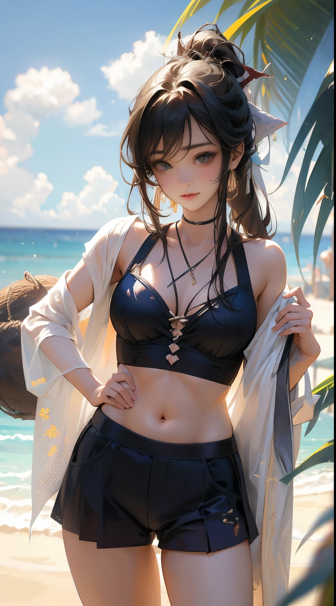 estilo anime, jovens mulheres adultas swert bebendo water na beach, random ethinic, usa beach wear aleatoriamente, random hair,