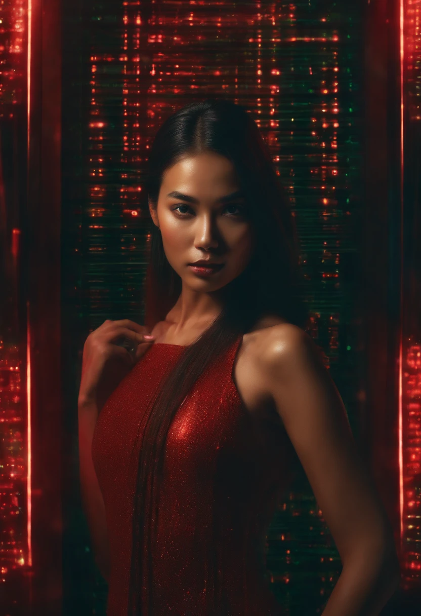 full body photography, Cybernetic thai supermodel in red dress immersed in a Matrix-like digital environment, looking at camera, featuring cascading binary codes and green glitch effects, octane render, unexpected elements, 4k
