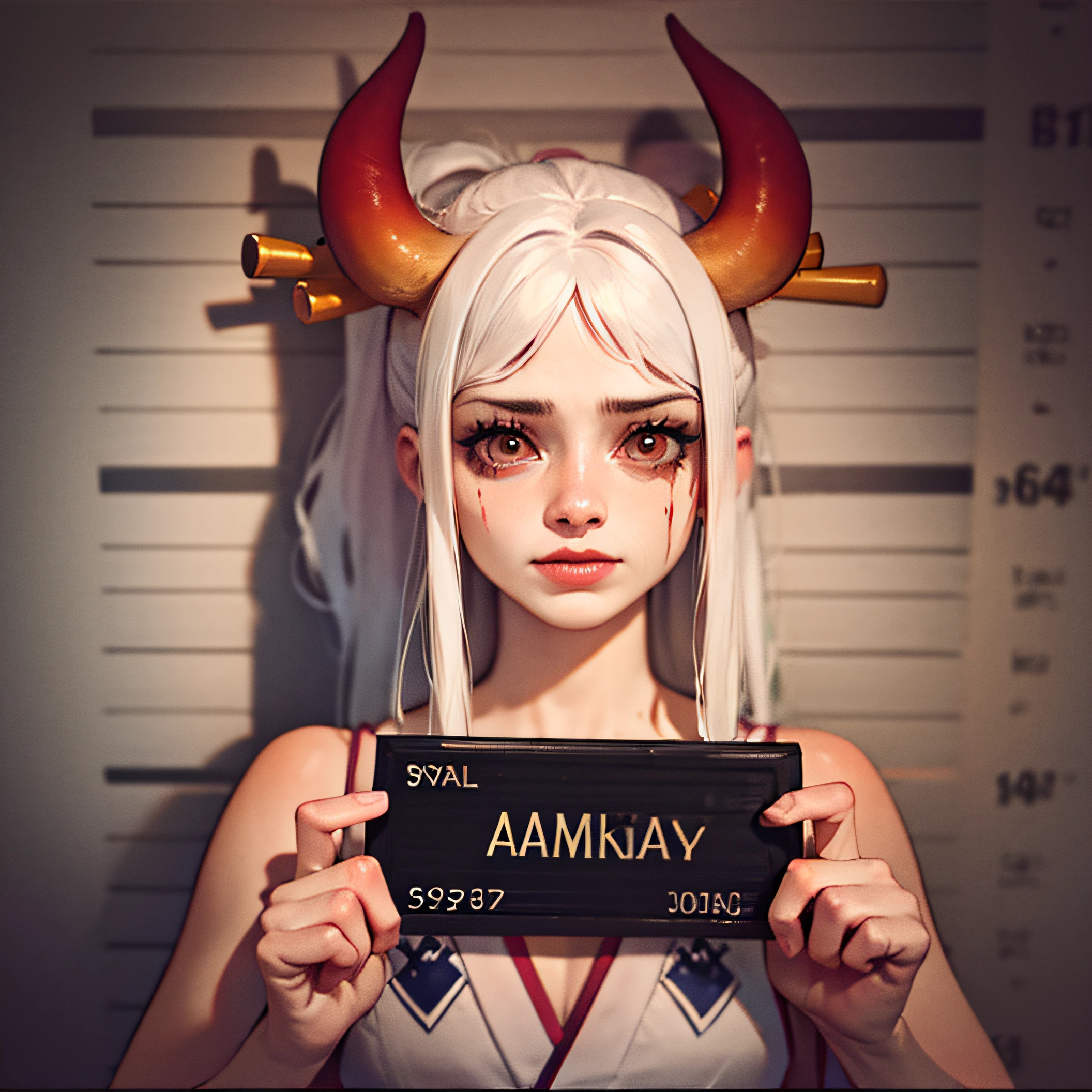 corpse, sinister, female, thin, pale, looking at the camera, ultra realistic, fully detailed, cemetery environment, bright eyes, white dress torn and stained with blood, bones exposed, putrid wounds, sensual, terrifying, bruised by the body, exposed fracture in the collarbone, slight smile, super detailed, white eyes,gun shots in the body,  black hair, yamato,  mugshot, red horns, white hair,