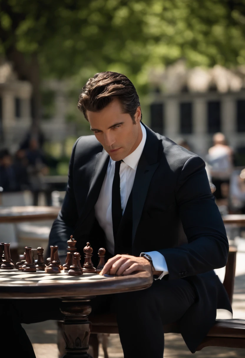 A photo of Bruce Wayne playing a game of chess in the park,Batman,Bruce Wayne, the man behind the Batman persona, is a striking figure with a tall, athletic build and sharp, handsome features, often dressed in the finest suits as befitting his status as a billionaire playboy. His dark hair and piercing gaze give him a commanding presence, yet there’s always a hint of the enigmatic in his demeanor.