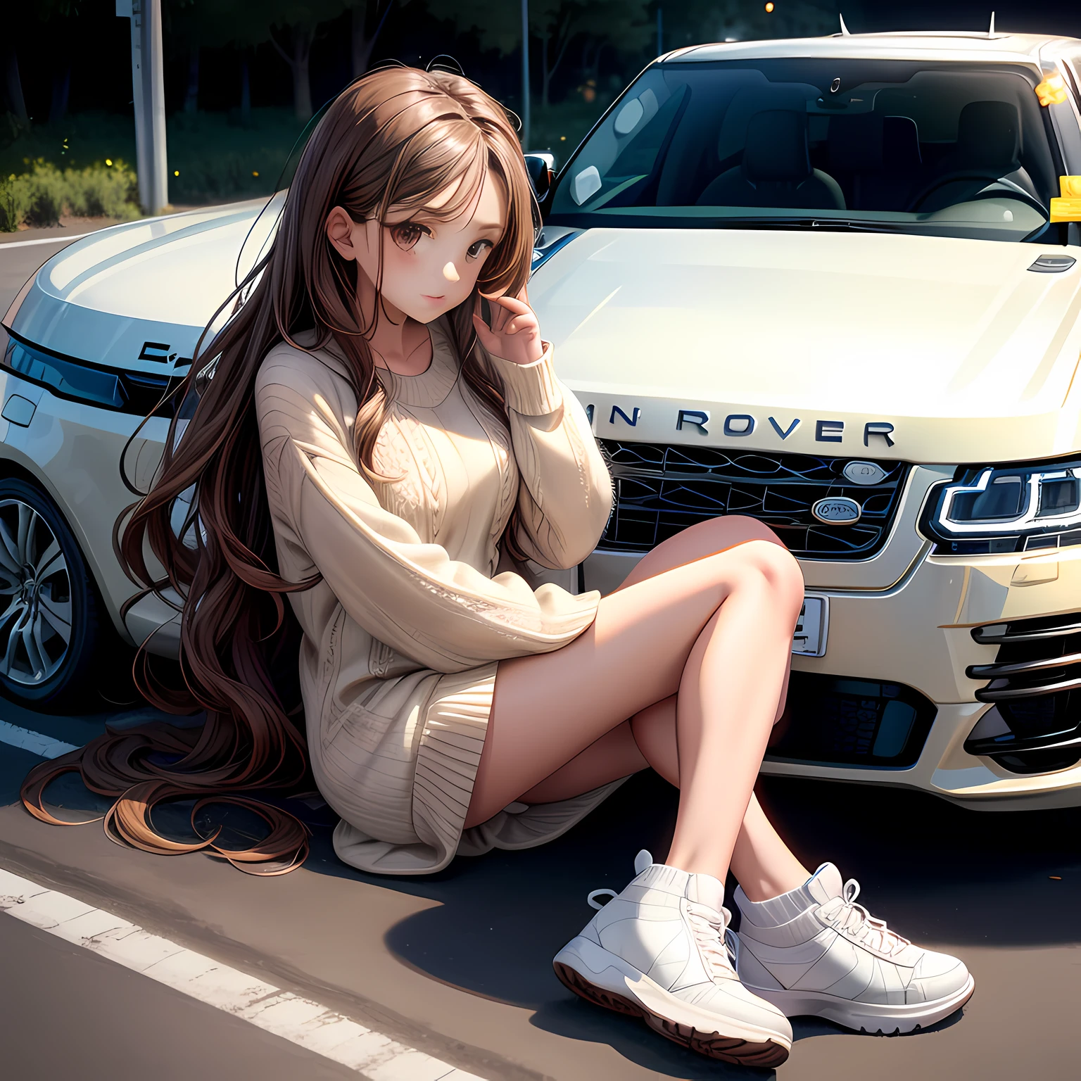 1 lady, brown eyes, brown long hair , in a ivory knitted dress, white sneaker shoes, hit range rover faint on the road, accident, night,