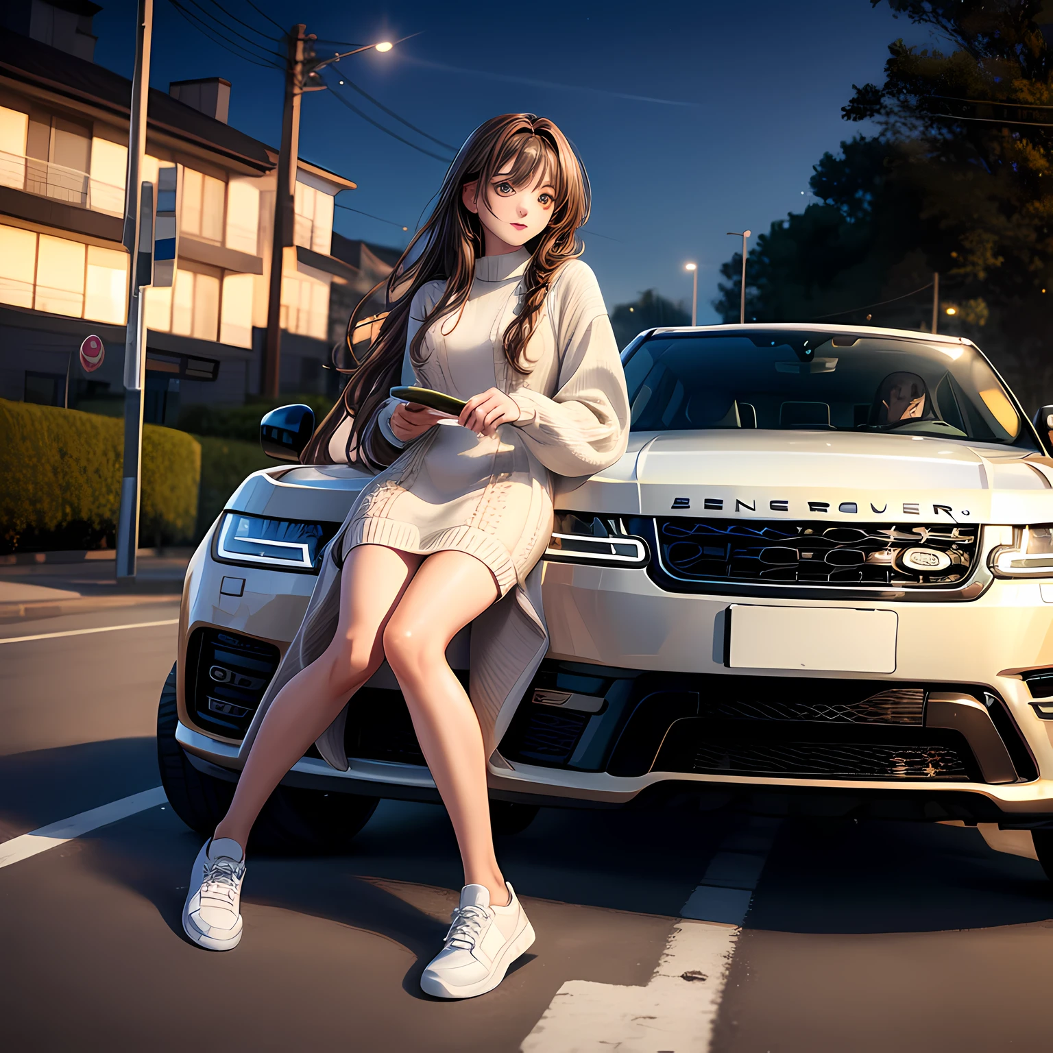 1 lady, brown eyes, brown long hair , in a ivory knitted dress, white sneaker shoes, hit  range rover faint on the road, accident, night,