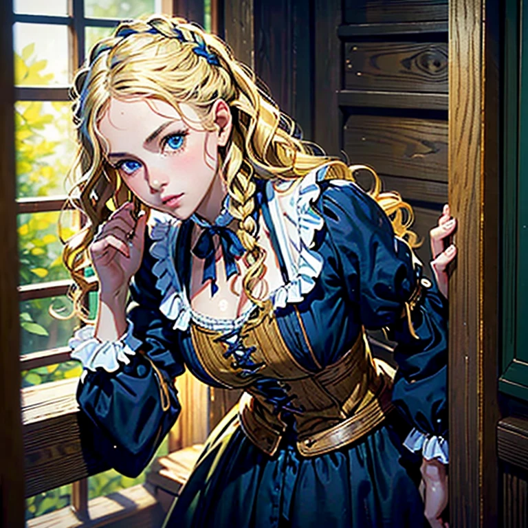 Cinematic Highly colored painting Realistic portrait, (((Masterpiece, Best quality, photograph realistic))), (Shiny skin), hyper HD, 8K wallpaper, high resolution, Perfect anatomy, Slender hands and fingers, Cinematic lighting, Award-winning, Extremely detailed skin, extra detailed face, Eyes with beautiful details, Carl Zeiss 85 mm F/1.4, Break, (((1 blonde wavy hair girl, hair braid,, tavern wench from 1700s))), ((18-year-old girl, sensual, pretty, blonde1.2 wavy medium hair, blue eyes, greek nose, medium breasts)). (((colonial puritan wench))), Buttock augmentation, A shy and naught expression, blush cheeks, dress-up in a lime green 1700s wench dress