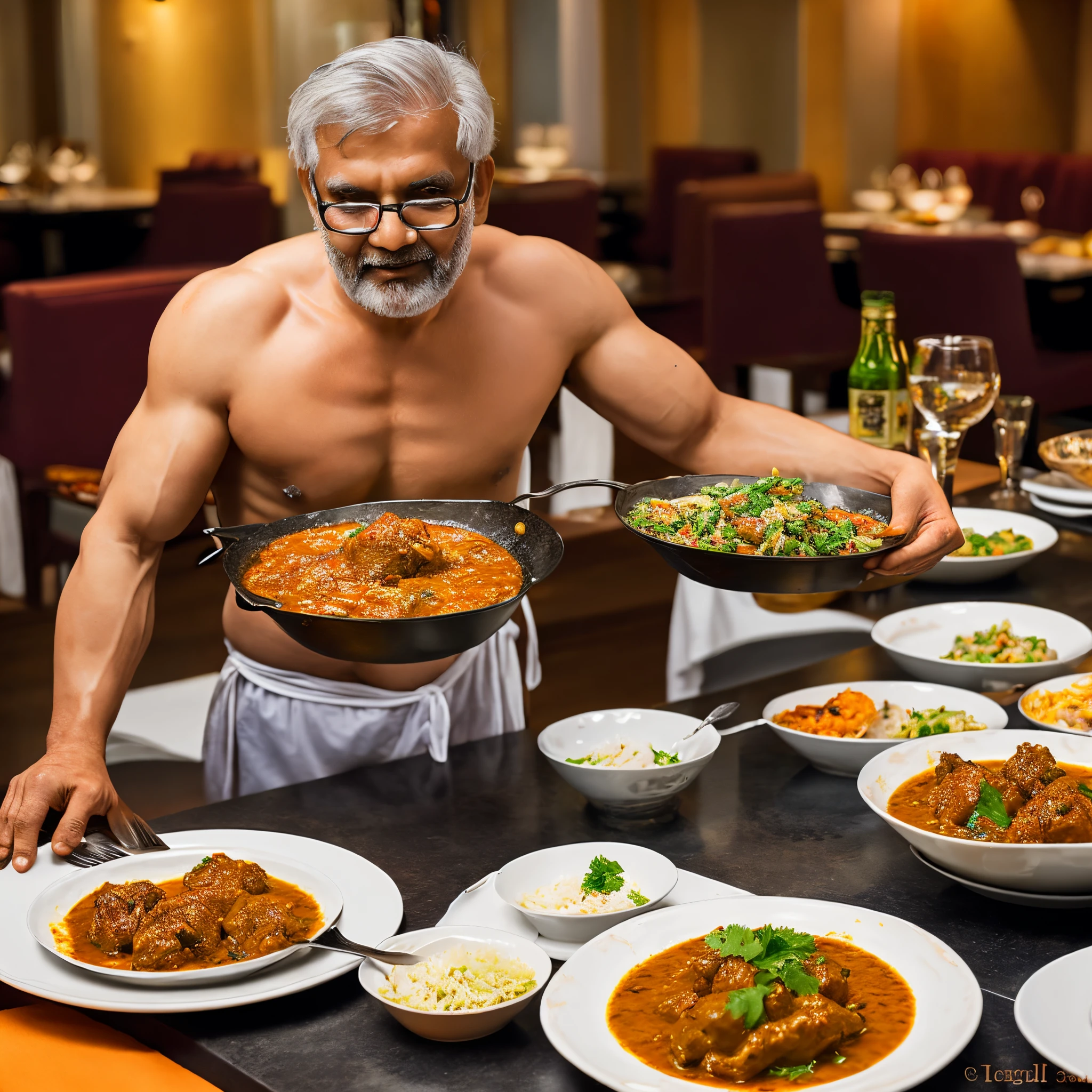 daddy,60 years old,chef cooking indian food,Indian,Dark skin,Black Hair,Gray Hair,Tight muscles,Muscular figure,Wear glasses.,No shirt.,Orange and dark green patterned underwear,Pao Tung,Lying on the dining table.,Indian Cuisine,Indian restaurant,India