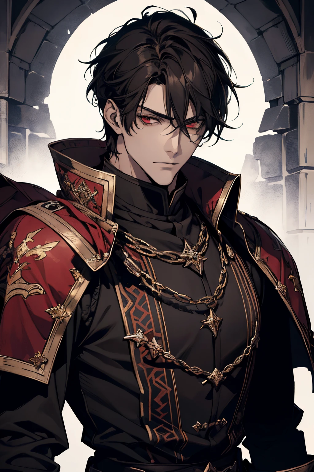 1 male, adult, mature face, beautiful, short tousled black hair, dark red eyes, clear and detailed eyes, black lower class nobility clothing, strategist, handsome, condescending, looking ahead, medieval fantasy, medieval castle background, dark fantasy, (soft coloring, dynamic shading)