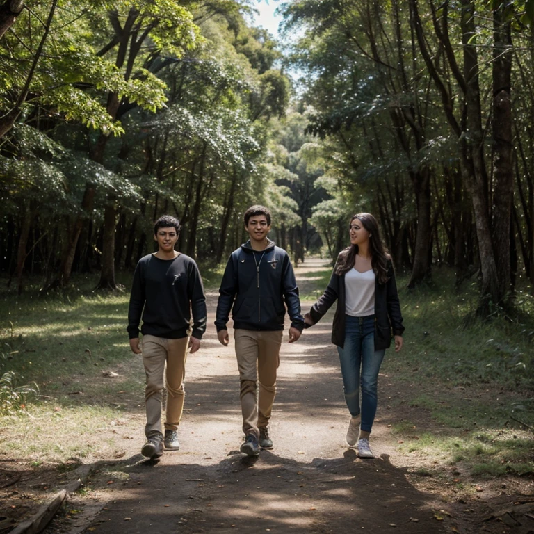 The camera shows three young people, Miguel, Sofia e Lucas, caminhando por uma trilha estreita na floresta