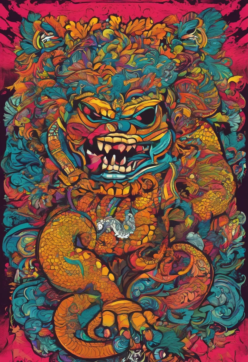 Indonesian's Monster and culture with high-resolution texture, Hyper details, of the monster, stylish, streat wear design, 1990 vibe, HD texture, Javanese Culture, Bali's Culture, REPAIR BODY,high-resolution texture and details