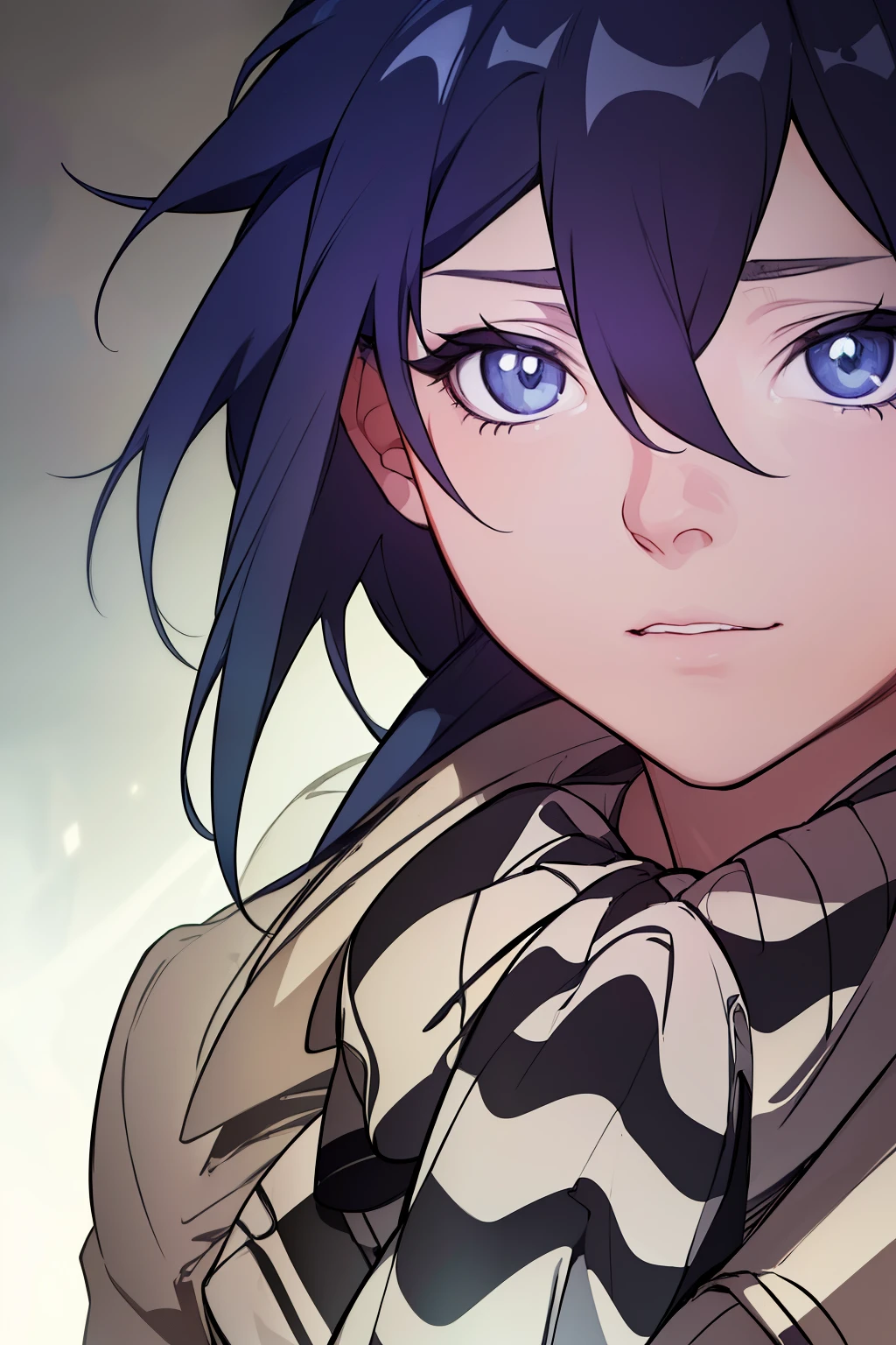 (Masterpiece,Detailed,A high resolution:1.4) , model shooting, Close up, Detailed face, Fine Detailed Eyes,, (Touka Kirishima),Blue medium hair,Ghoul Eyes,Vintage jacket,Tokyo Ghoul,Vintage futuristic background, vivd colour, hdr,, ,