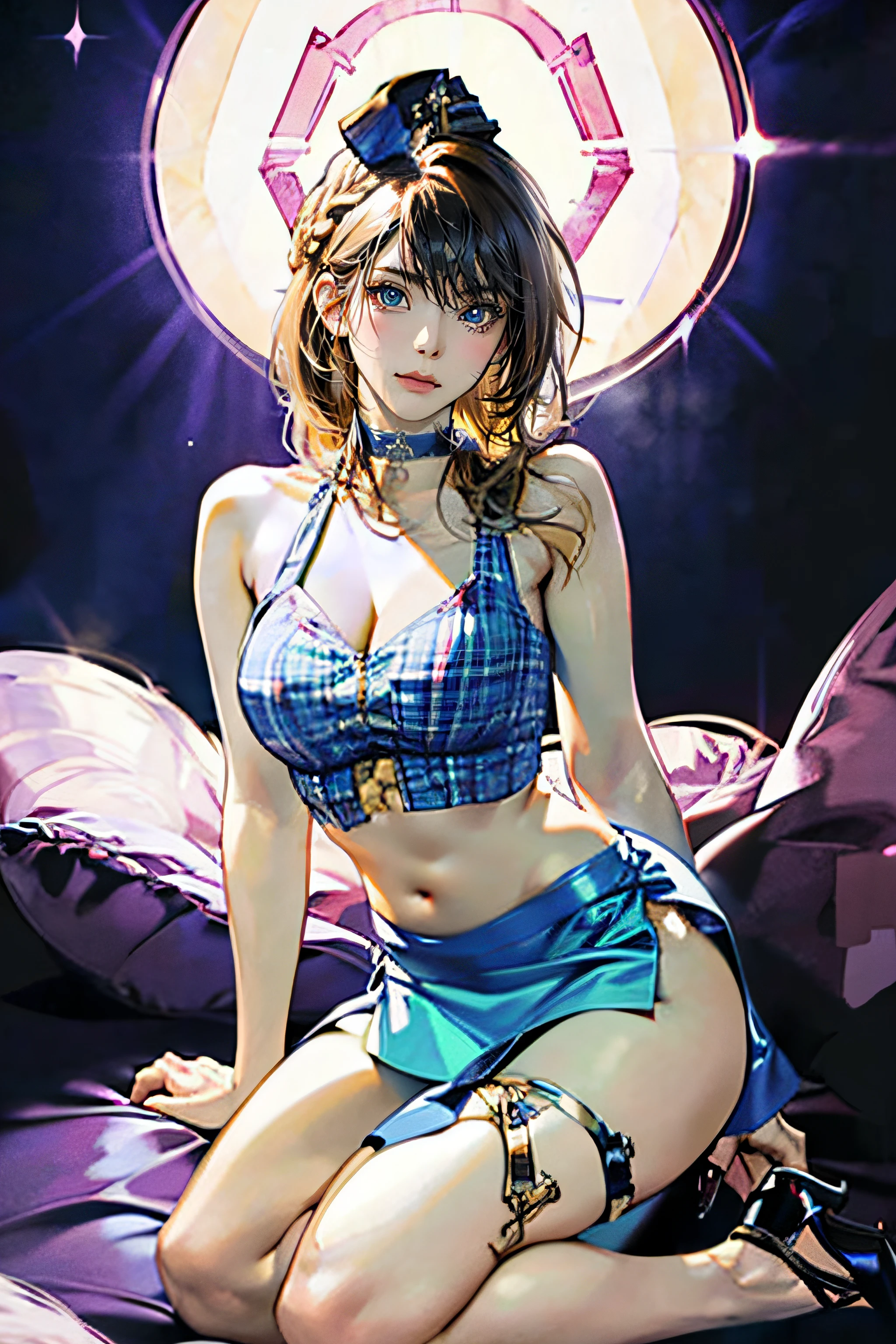 Lesbian, ((tmasterpiece)), (cute big breasts: 2.0), The facial details are extremely rich, Enchanted expression, Strong gaze, black double french braid, (Thin structure),The face shape is a bit round, Tanned brown face, Healthy face, largeeyes, Skinny Thighs, (smallunderboob), confident pose, Brutal, almond eyes, rich palette,choker necklace,3D,Peep-toe heels, goddes,Peep-toe heels, goddes, Slim but toned body/androgynous body aesthetics, spasming,otokonoko